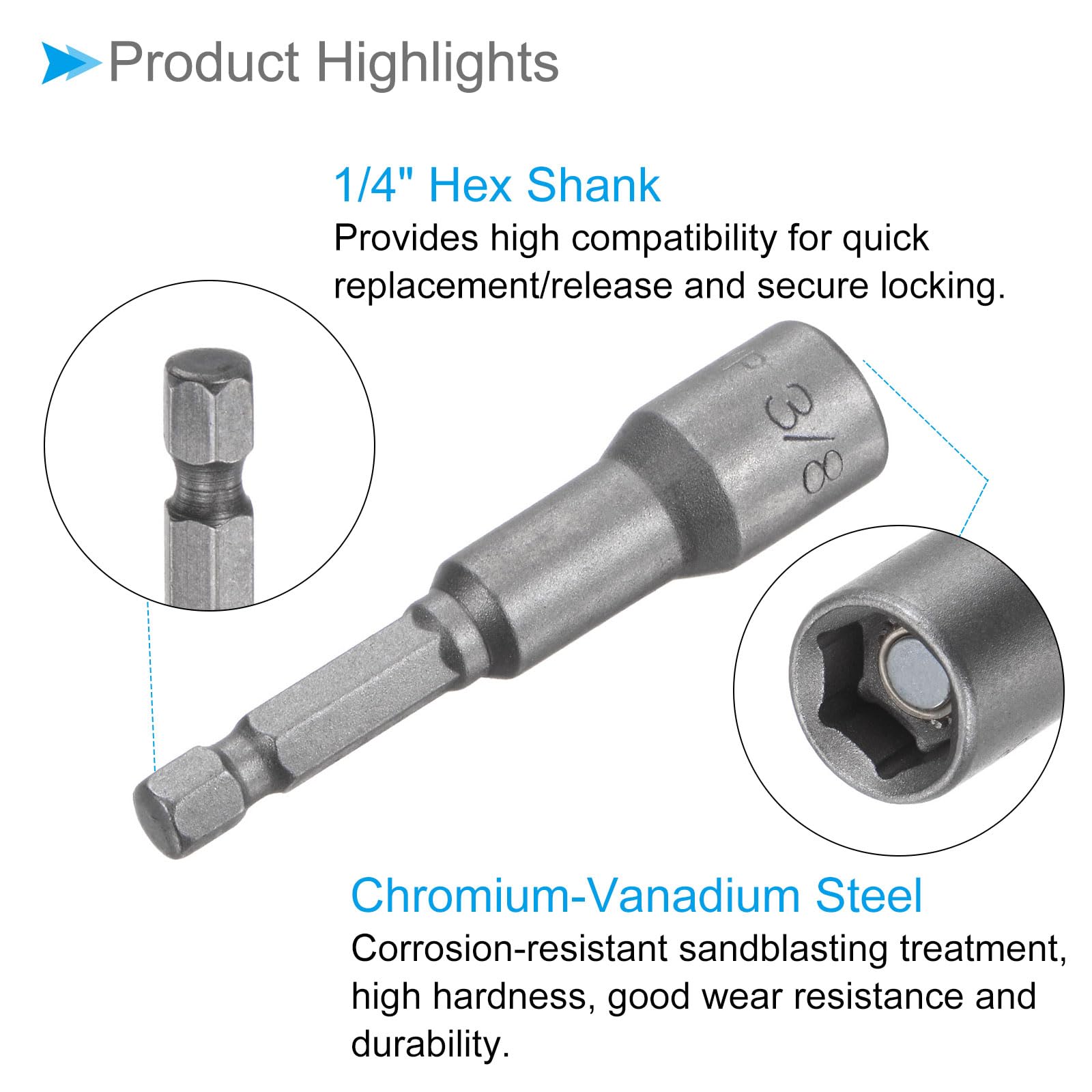CoCud Quick-Change Nut Setter Driver Bit, 3/8-inch SAE 65mm Length 1/4" Shank, CR-V Magnetic Straight Shank Setter Drill Bits - Image 4