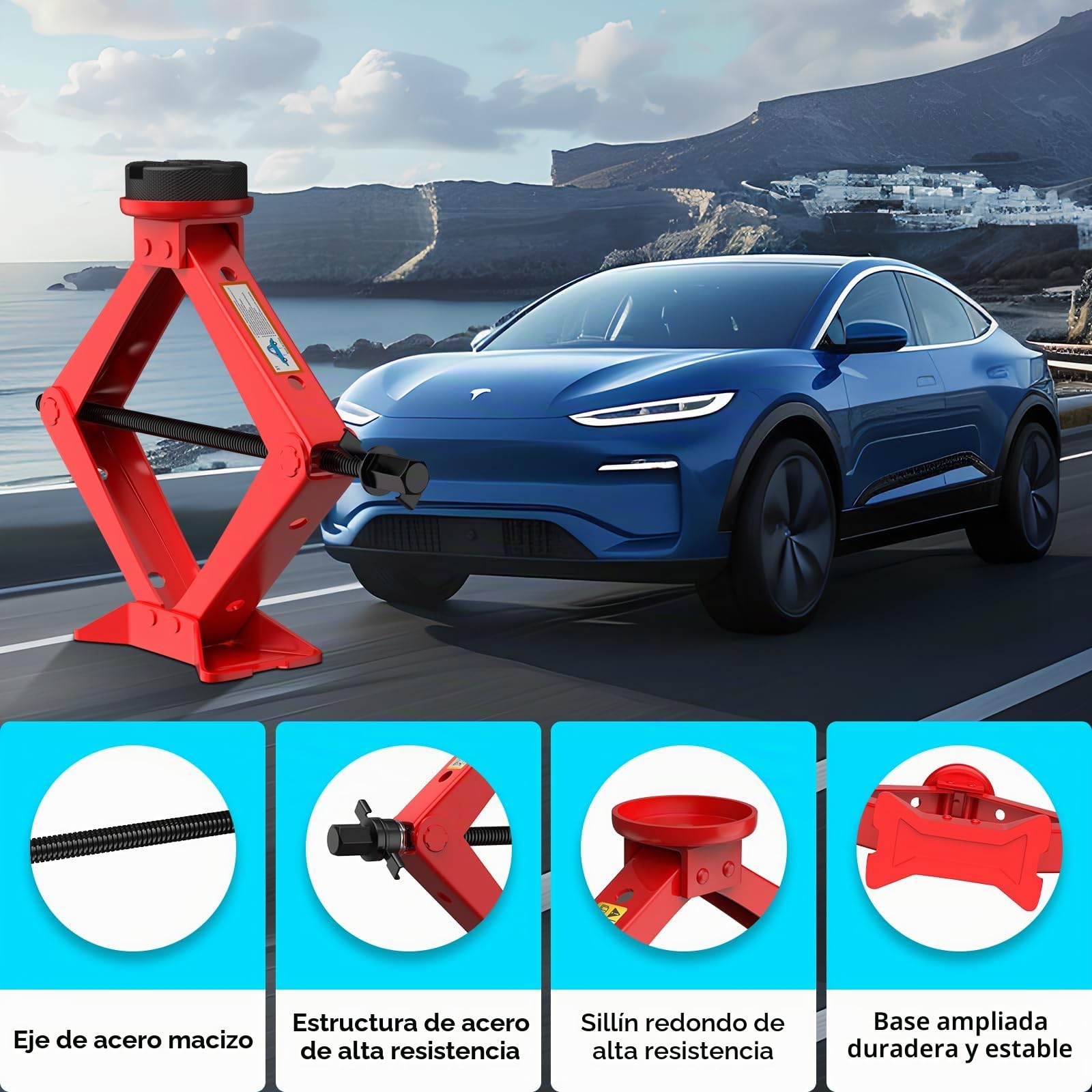 IMAYCC Nuevo Gato para Coche3T/3000kg, Kit de Gato Coche Universal con 2 Piezas Bloque de Goma, Portátil Kit de Emergencia con Llave de Tuercas de Rueda para SUV MPV Tesla