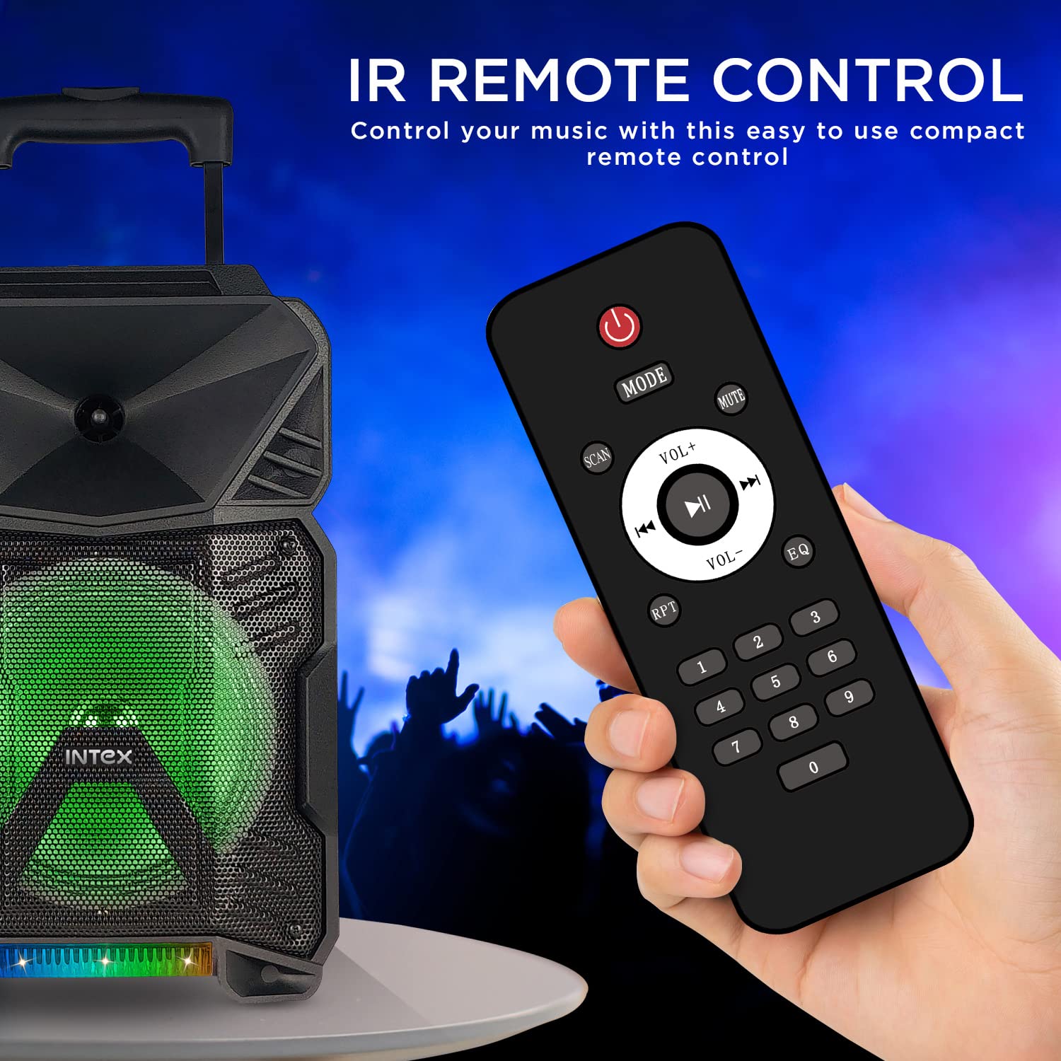 Hand holding the IR remote control for the Intex T-300 Pro speaker