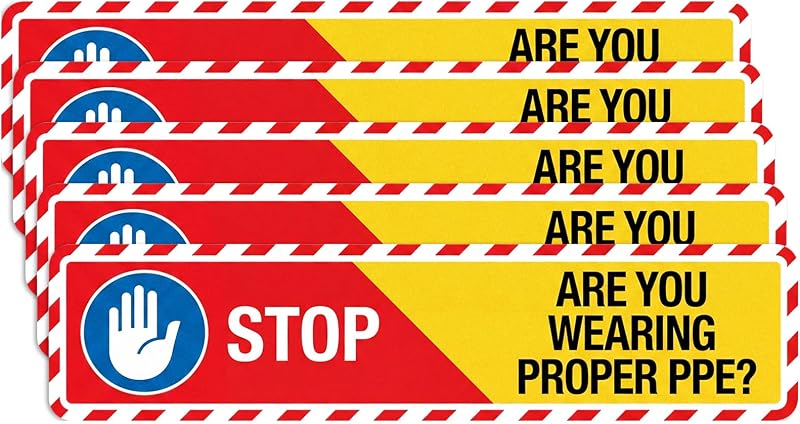 5 PCS Stop Are You Wearing Proper PPE Sign, 26" x 6" Floor Sticker | PPE Required Decal, Warning Decal, Non-slip Label, Adhesive Sticker, Warehouse Factory Workplace Use