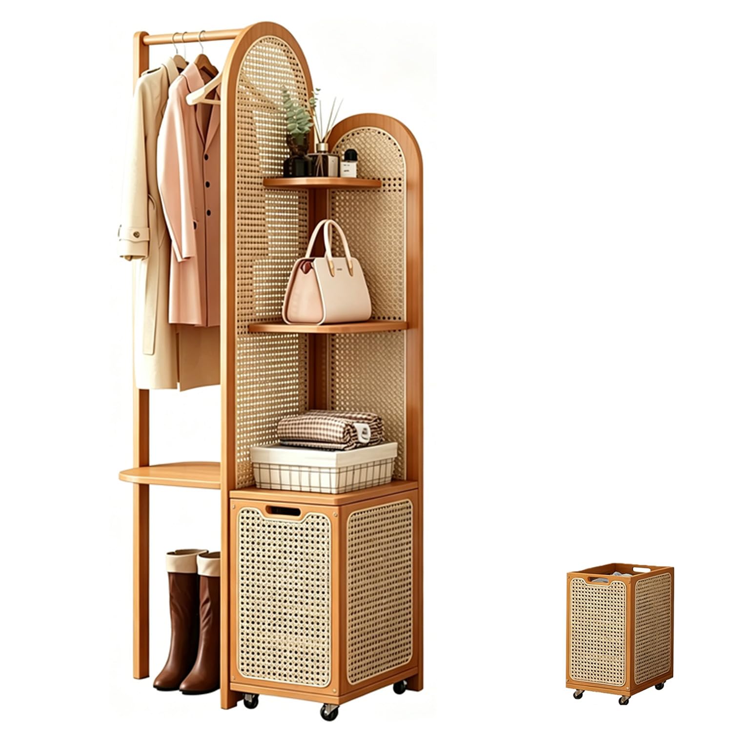 MegLob Farmhouse-Style Rattan Corner Unit Combining A Coat Rack And Bookshelf To Save Space; Features A Removable Laundry Basket—Ideal for Living Rooms, Entryways, And Compact Storage Areas