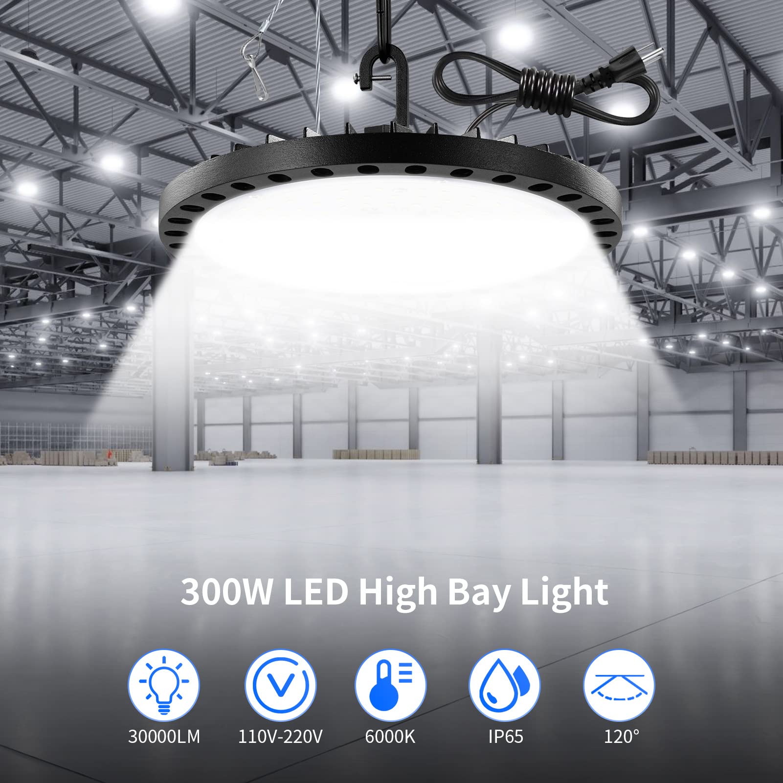 wowspeed 2 Pack 300w UFO Light, High Bay Led, 5000-6000K 30000LM, IP65 Garage Light with US Plug Workshop Lights, for Shops, Basements, Warehouses, Barns, Gardens, High Mines.