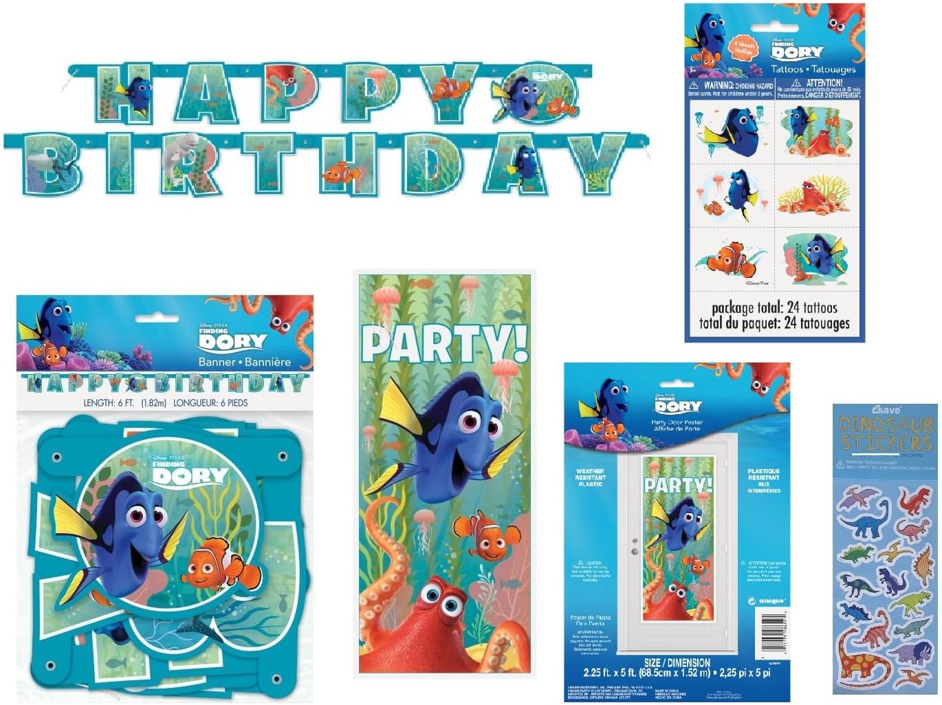 UNIQUE Finding Dory Finding Nemo Birthday Party Supplies Decoration Bundle includes Happy Birthday Banner, Door Poster, 8 Loot Bags