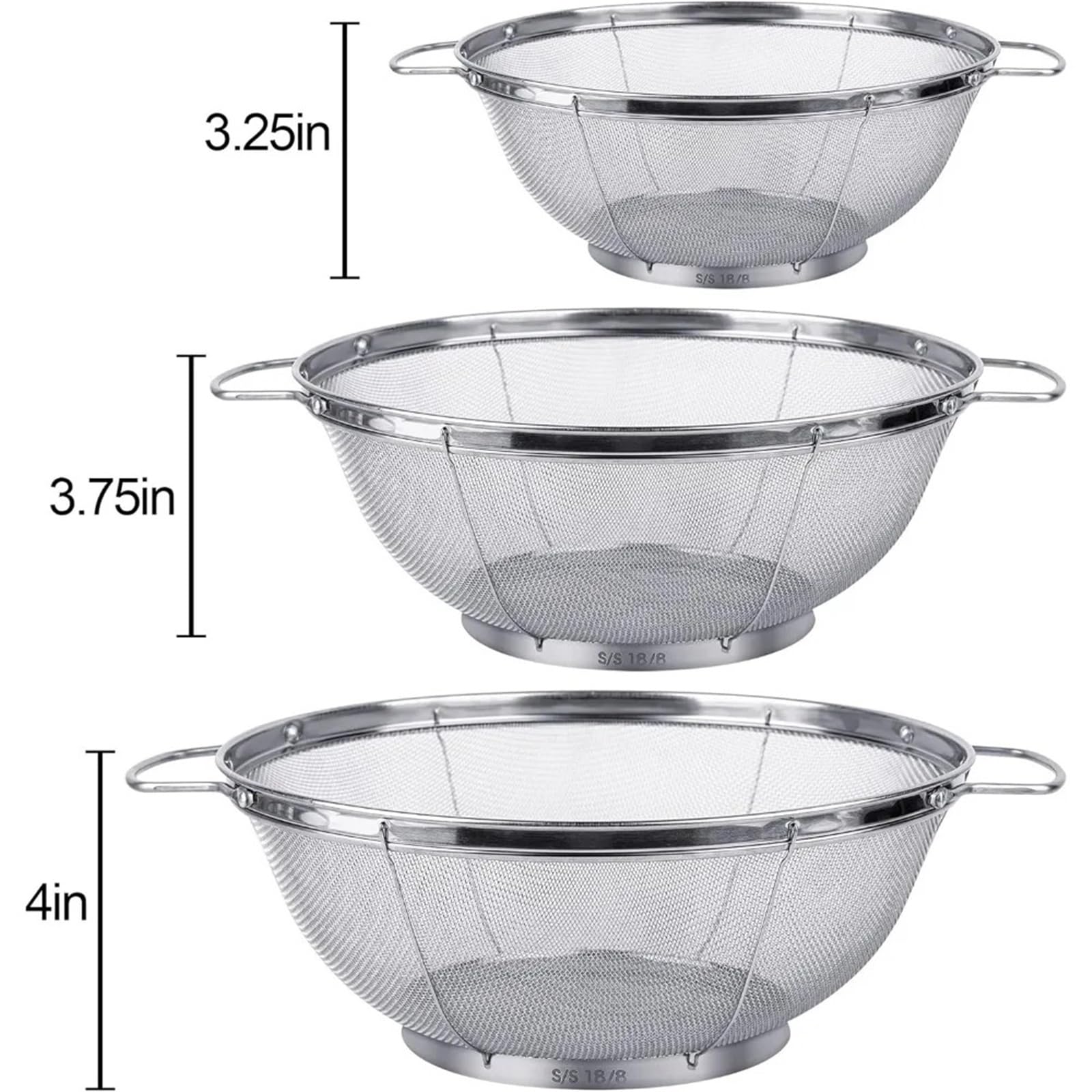 Paquete de 3 coladores acero inoxidable 18/8 (5 cuartos, 4 y cuartos), cestas malla con asas base apoyo for colar, escurrir, enjuagar o vaporizar para Pasta Verduras y Frutas