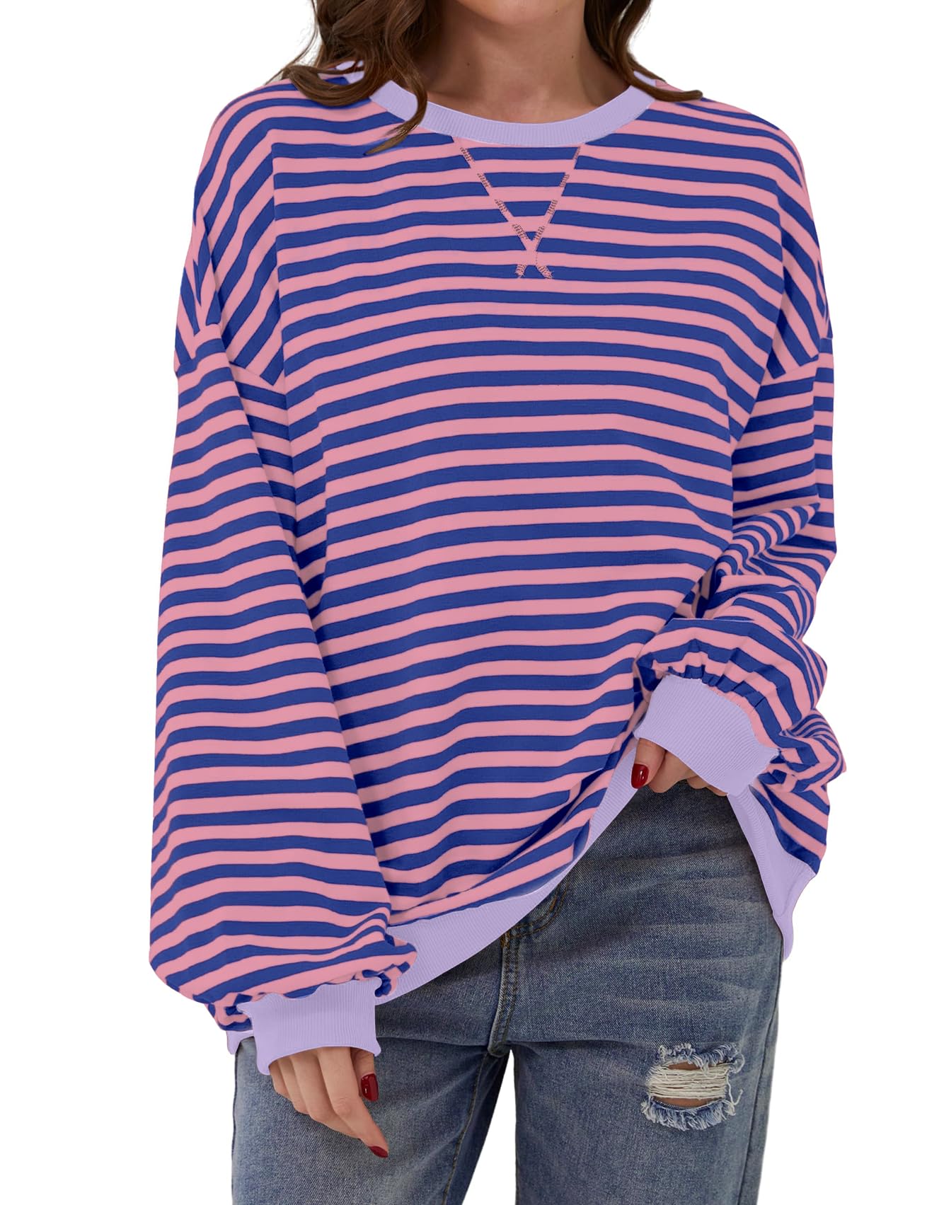 DUOEASE Langarmshirt Damen Streifen Oberteile Herbst Rundhals Pullover Y2K Sweatshirt(Rosa-Blau-Lila,2XL)