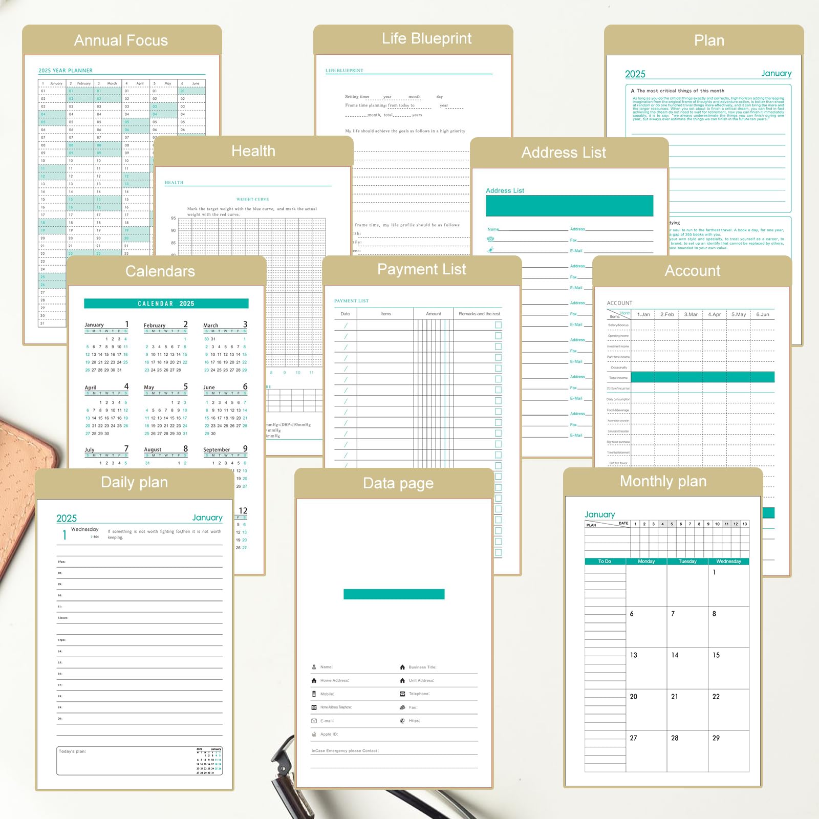 Mljtoyo Agenda 2025, 2025, formato A5, pagina al giorno, planner mensile settimanale con penna, agenda giornaliera con adesivi, 3 segnalibri, tasca posteriore, linguette mensili colorate, agenda