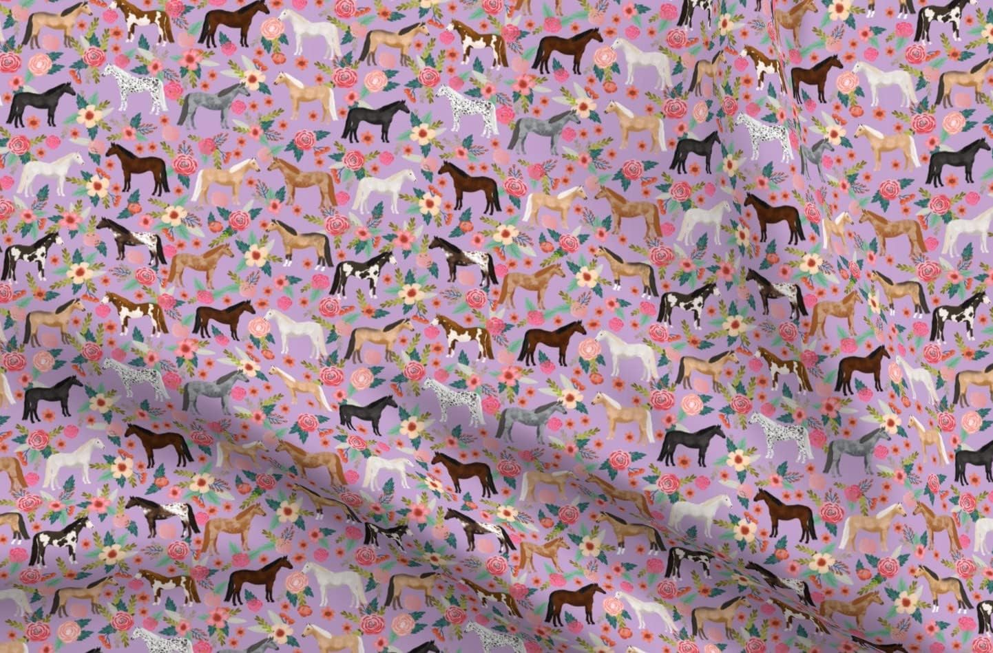 Spoonflower Fabric - Horse Multi Floral Horses Purple Farm Animal Cowboy Pet Portrait Printed on Minky Fabric by The Yard - Sewing Baby Blankets Quilt Backing Plush