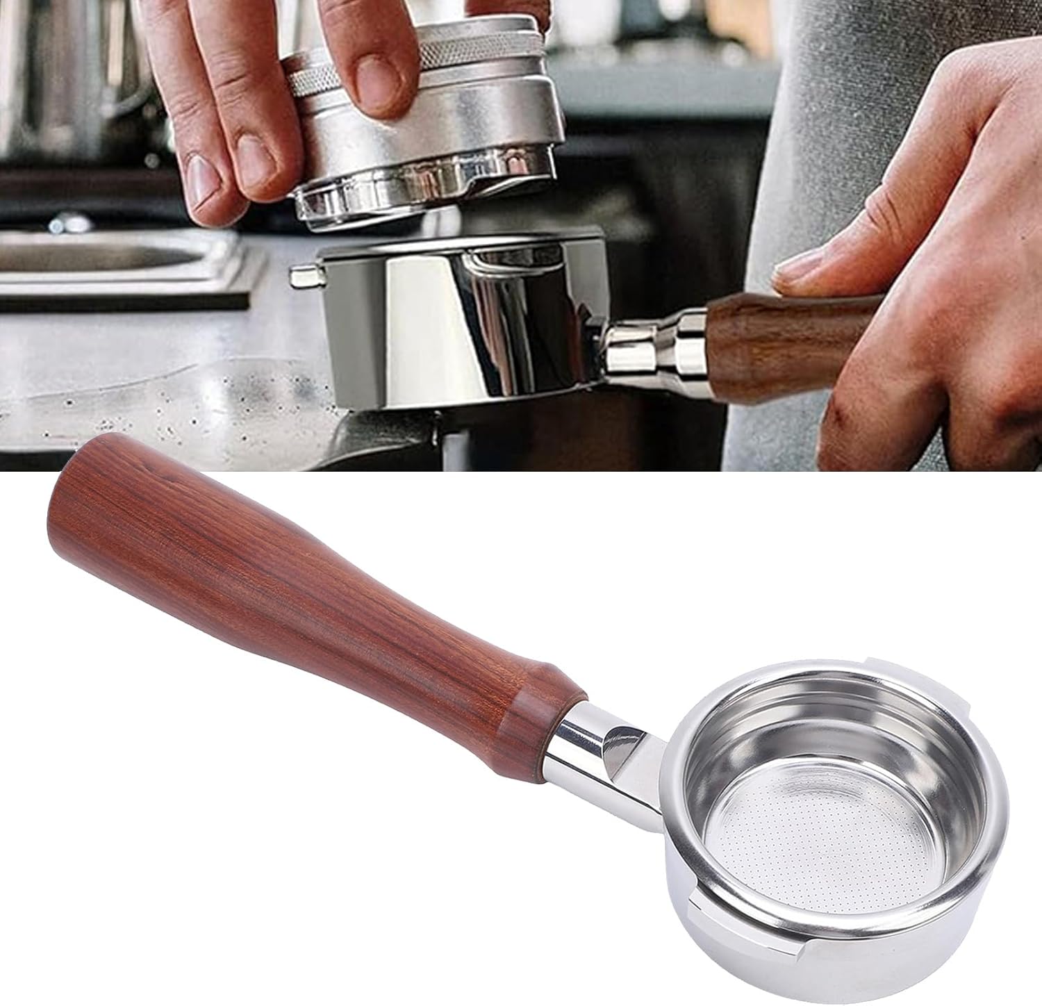 58 mm coffee portafilter without, smooth handle, clear observation, adjustable grinding, fashionable appearance, 304 stainless steel, wooden handle, easy to clean, reliable and safe