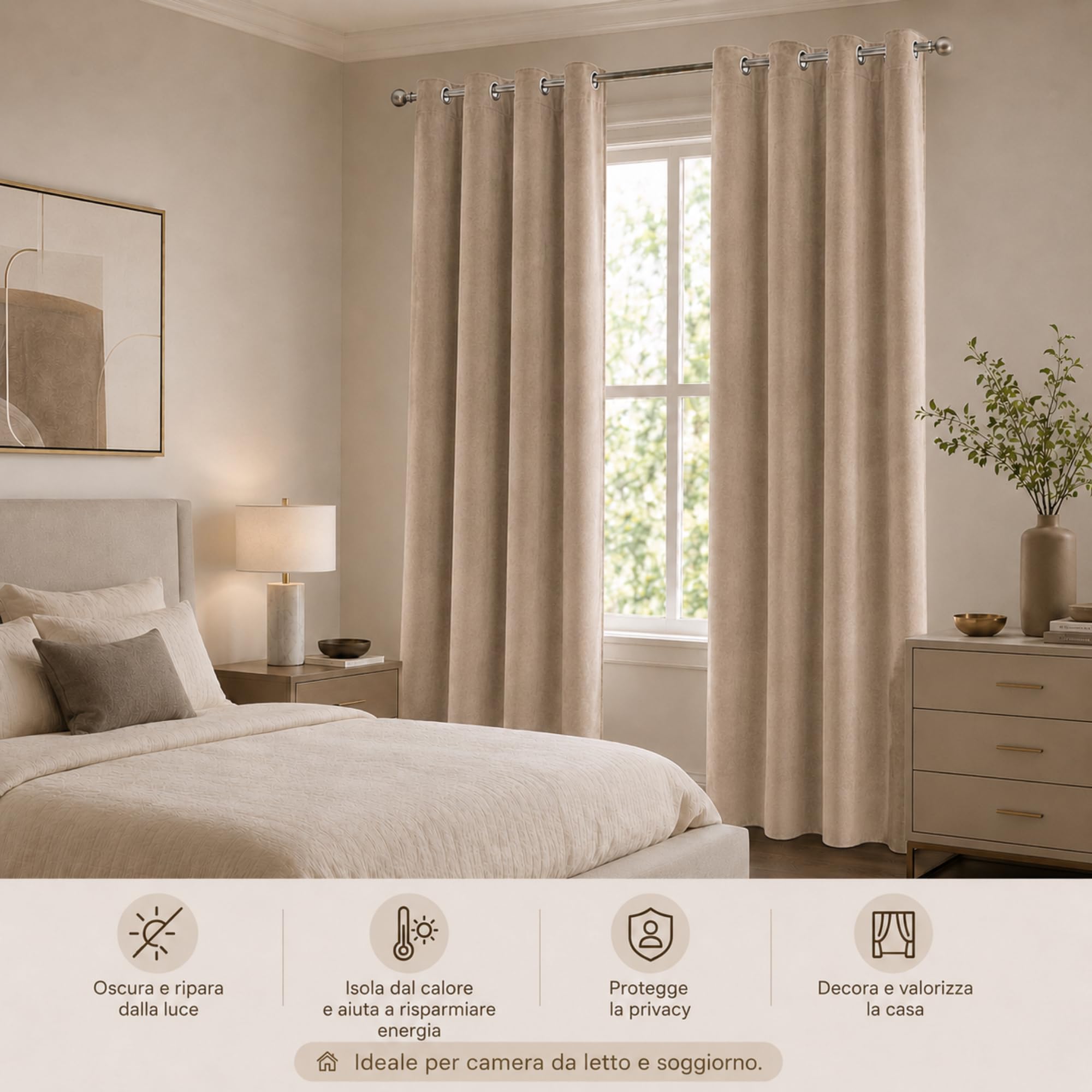 VKZ Tende Oscuranti Effetto Velluto con Occhielli, Set da 2 Pannelli 140 x 290 cm, Tende Termiche Isolanti per Interni Camera da Letto Soggiorno,Beige