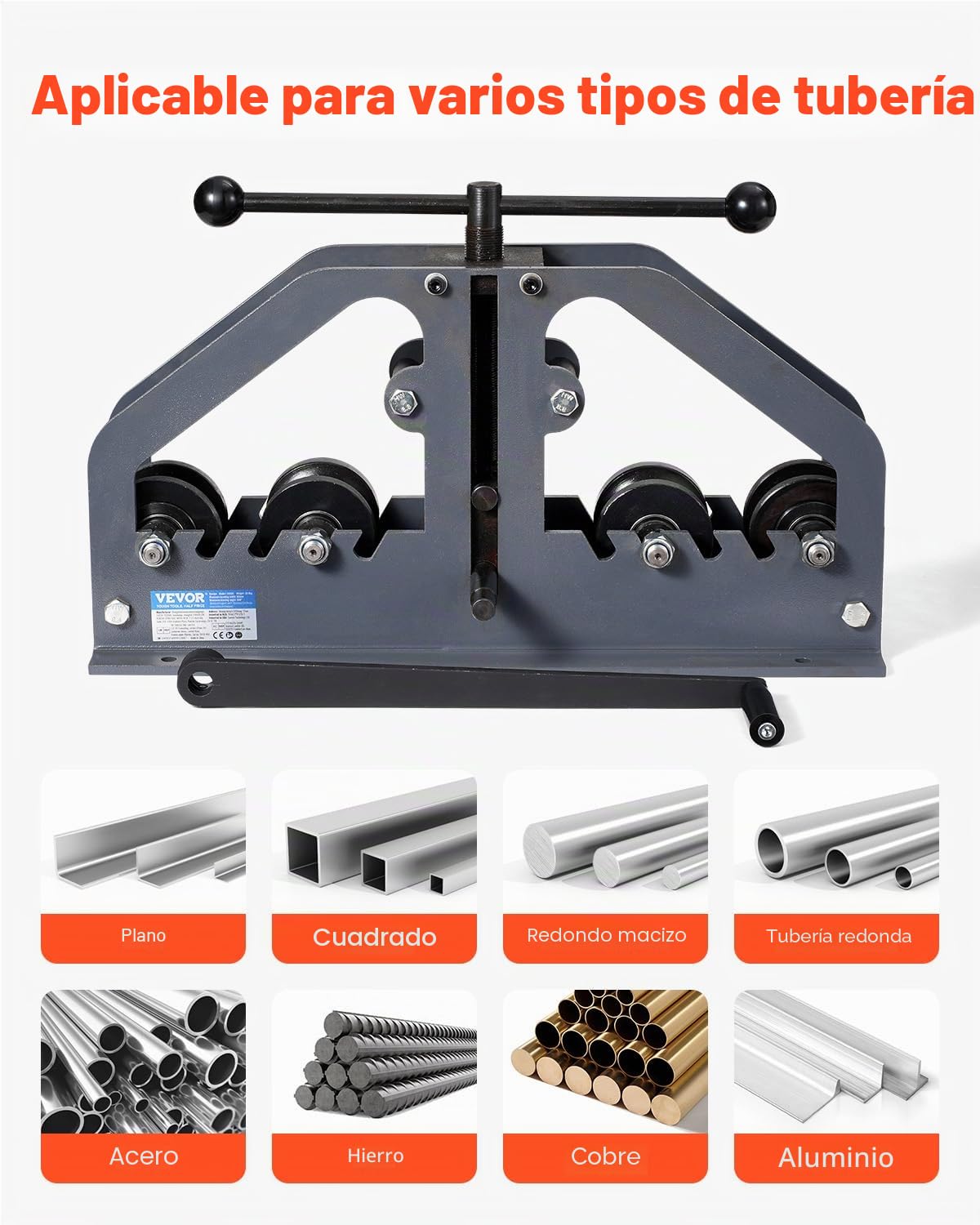 VEVOR Dobladora de Tubos Manual 1-1/2" 6 Troqueles Herramienta para Doblar Tubos de Aluminio Cobre de 360° para Tubos Cuadrados, Redondos, Barras Planas para Aire Acondicionado, Reparación de Autos