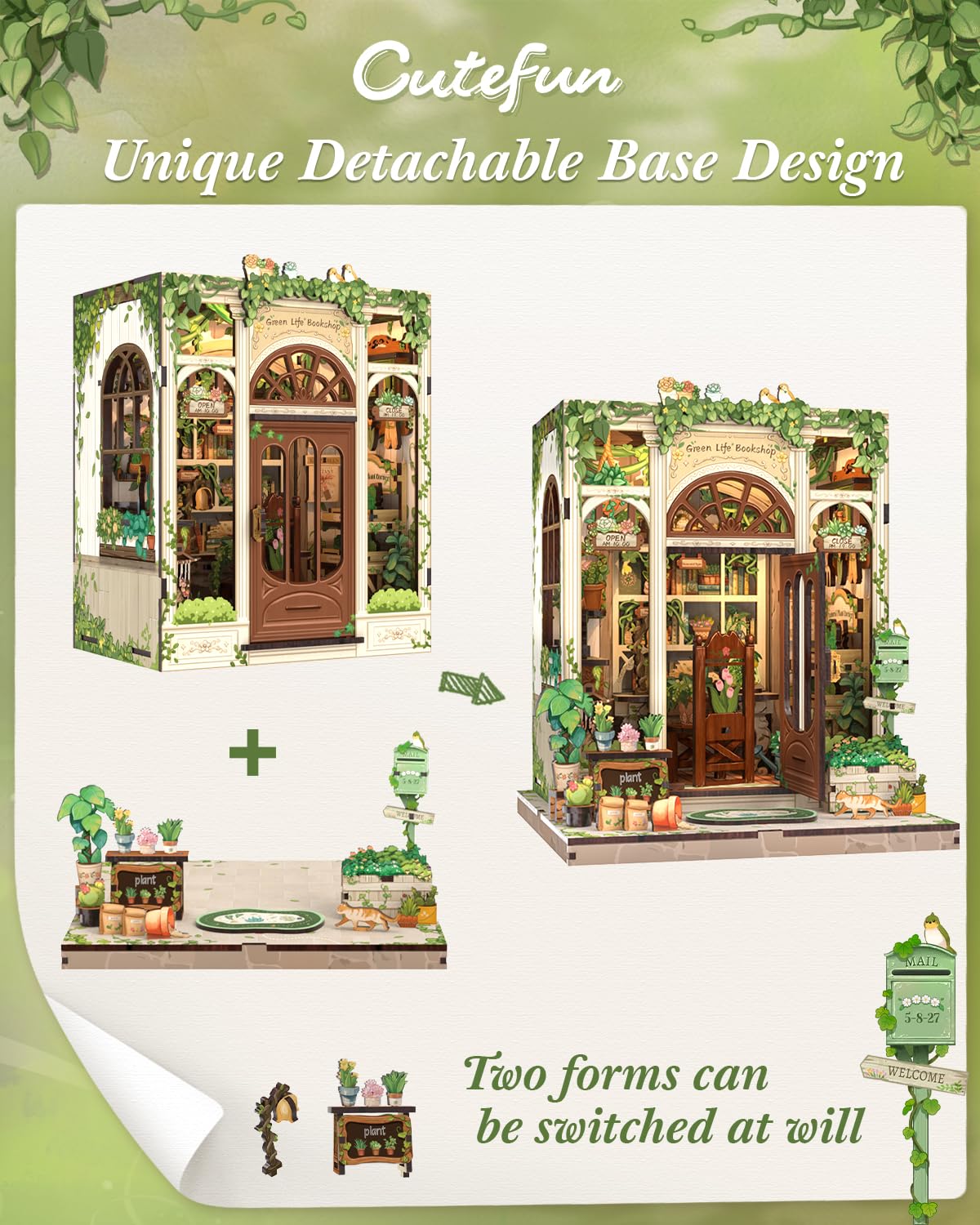 Cutefun Book Nook Kit - DIY Puppenhaus Miniatur Bausatz für Erwachsene, 3D-Holzpuzzles Bastelgeschenke für Frauen und Bücherliebhaber (Green Life Bookshop)
