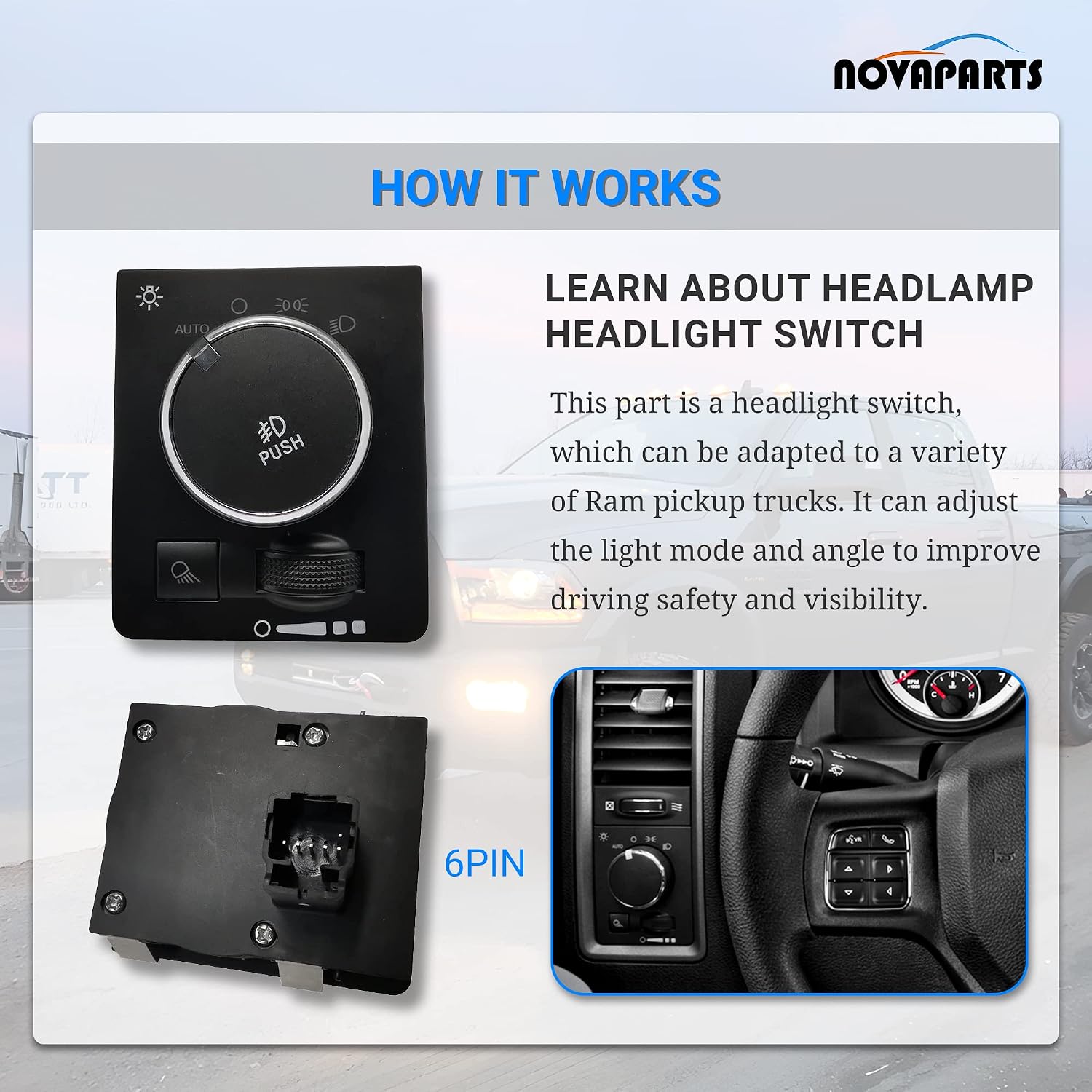 NOVAPARTS Headlight Switch Lamp Switch for 2013-2018 Ram 1500 2500 3500 2019-2024 Ram 1500 Classic 68146507AA 68269912AA 6814507AA 68189154AA HLS1685