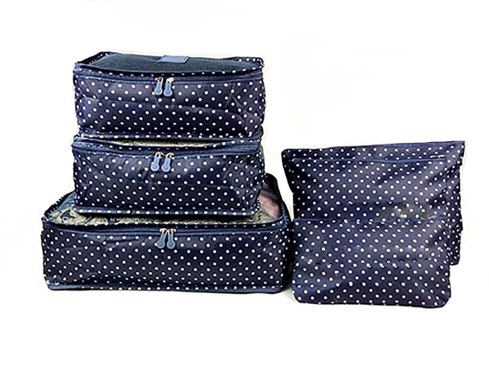 Cubi da imballaggio 6 Set di organizzatori per Bagagli da Viaggio con Sacchetti di Compressione per Borse per Scarpe Impermeabili., Punti Neri Blu Scuro