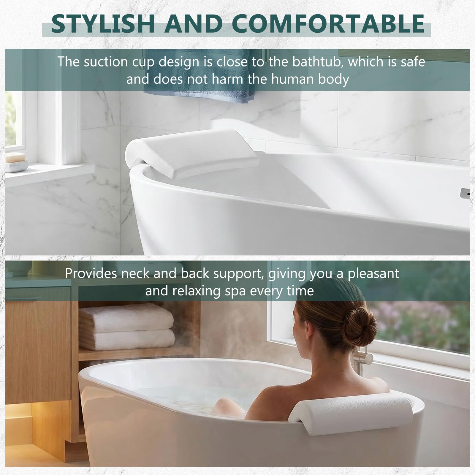 Cuscino Design Confortevole ed Ecologico in Pu Bianco Ventose, Facile da Installare per Supporto Collo per da Bagno e Relax in Casa