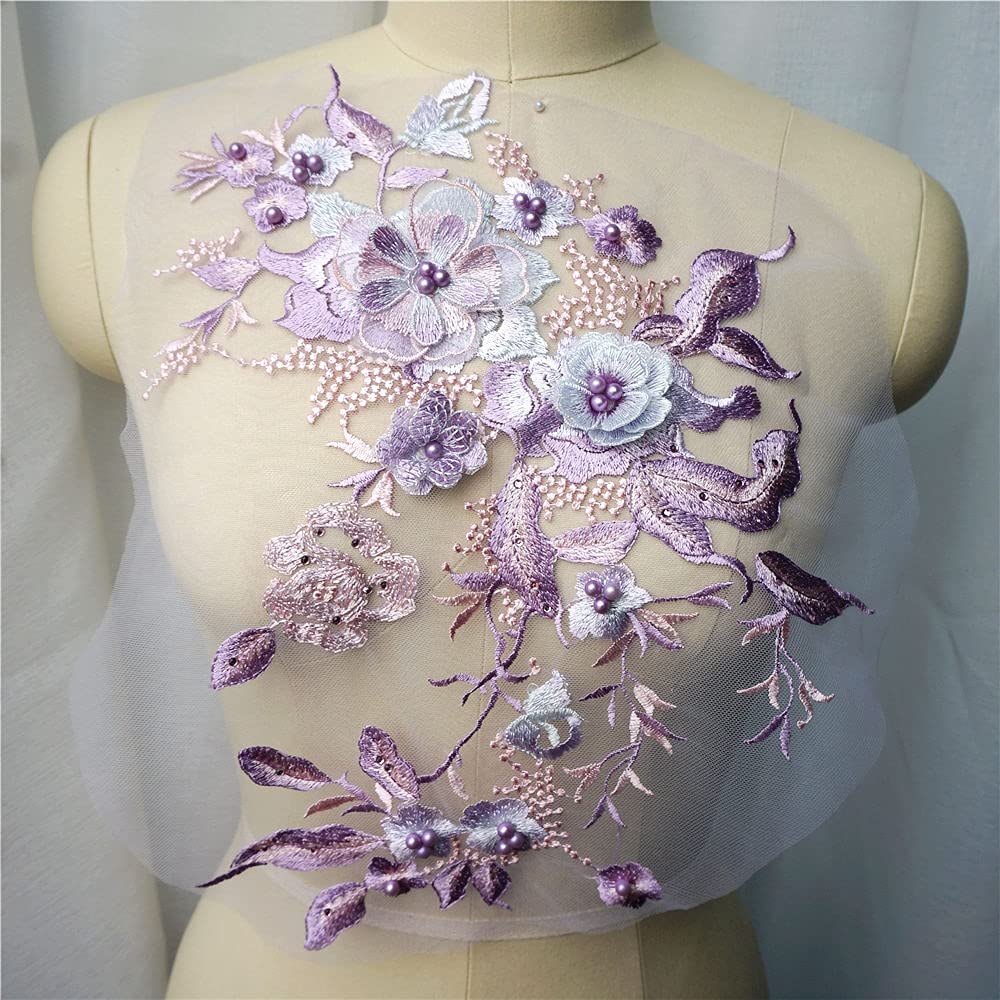 Amazon.co.jp: 白青紫グレー 3D 花ビーズラインストーンアップリケ刺繍  
