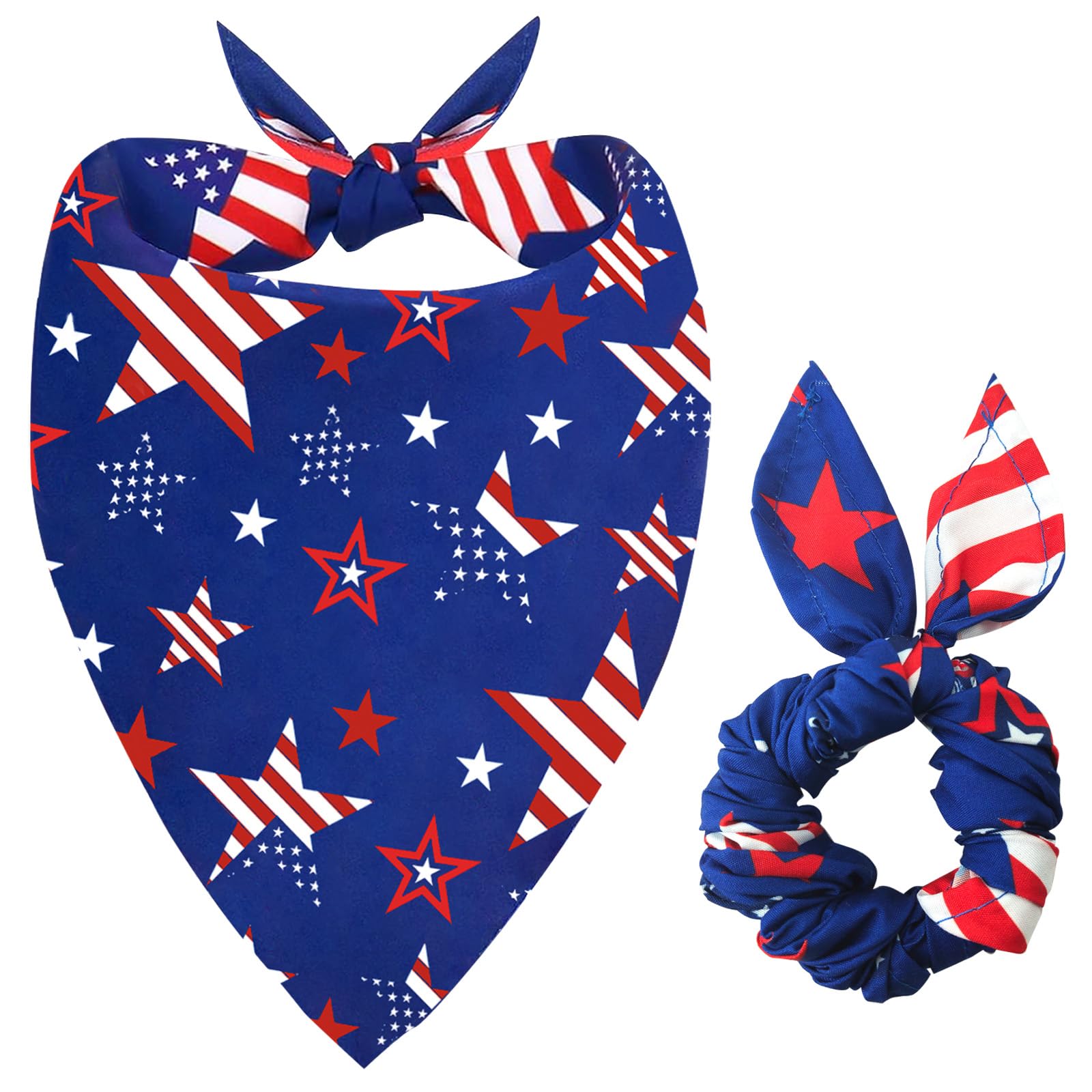 4th of July Dog Bandanas & Matching Scrunchie Set Blue Independence Holiday Bandana for Medium Large Pet Dogs Birthday and Owner Gifts,Durable