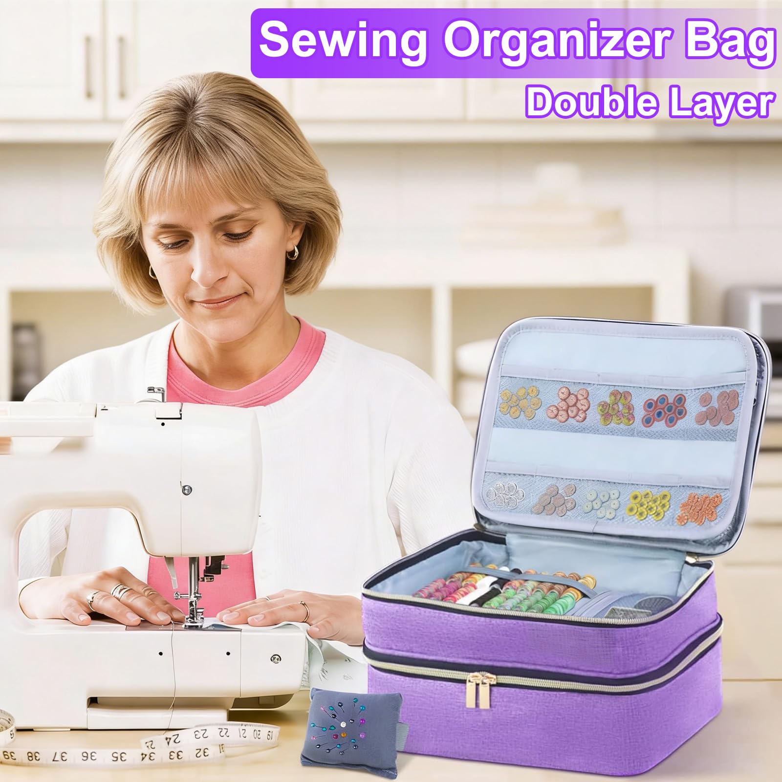 BLOGLOER Bolsa de Almacenamiento de Materiales de Costura, Caja de Kit Costura Profesional, Costurero Grande, Doble Capa Organizador de Accesorios, para Agujas Hilo Tijeras y Otras Materiales