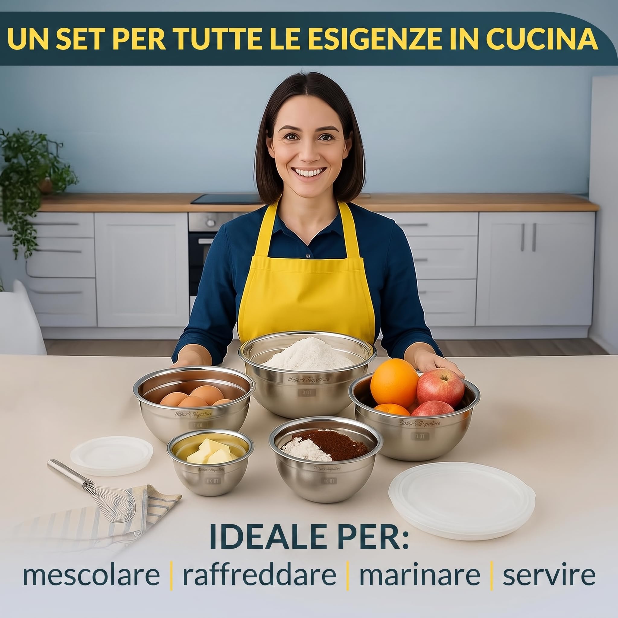 Baker's Signature Set di 5 ciotole in acciaio inox con coperchio, set di 5 ciotole per mescolare alimenti, cottura e servire, lavabili in lavastoviglie e adatte al microonde, 0,5/1,5/3/4/5 Qt