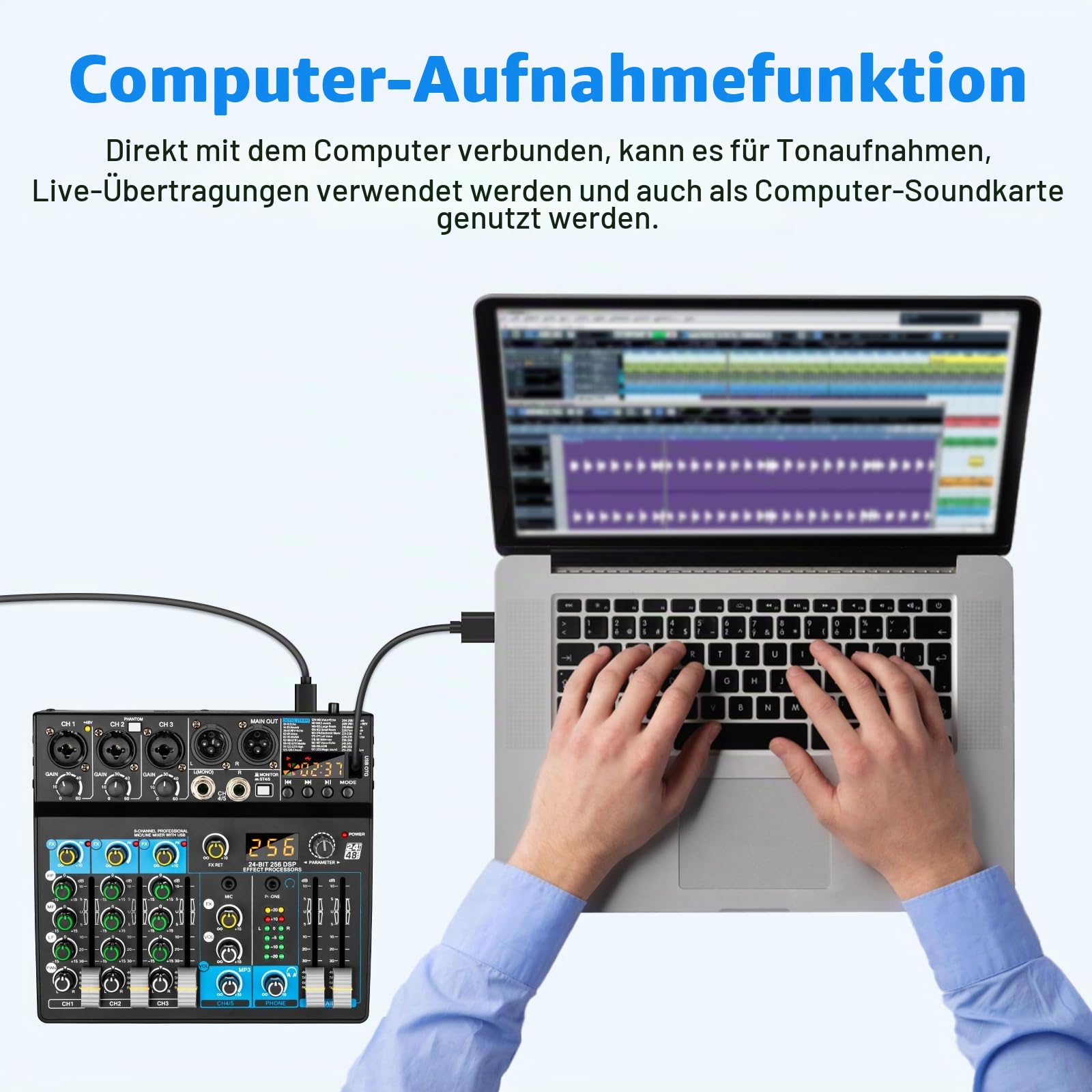 Depusheng Professioneller Audiomixer Digital FX 256-Bit DSP USB Bluetooth MP3 Computer DJ Mixer 5-Kanal-Eingangsschnittstelle mit 48-V-Phantomspeisung für PC-Aufnahme, Live-Streaming, Karaoke