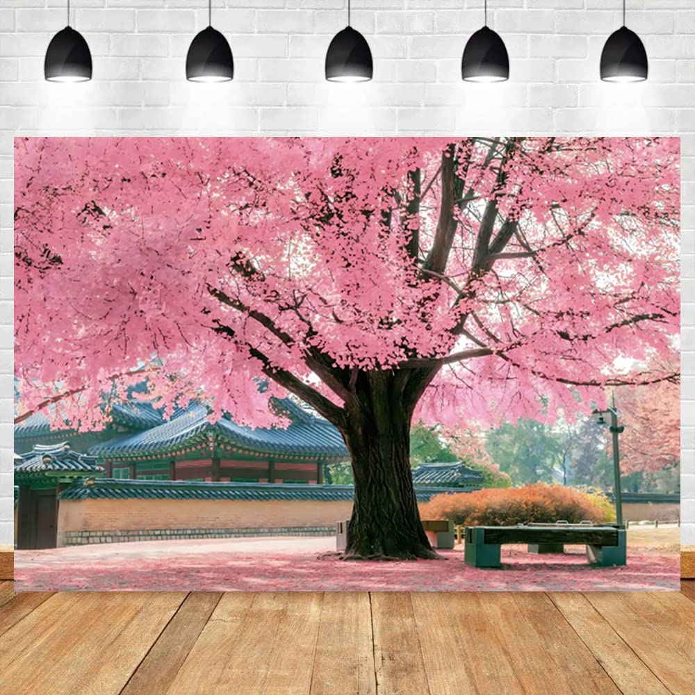 Renaiss 7x5ft Pink Floral Backdrop Romantic Cherry Blossom Blue Sky Sunshine Nature Scenery Polyester Photography Background for Wedding Kids Baby Birthday Party Decor Photo Props: 10x6.5ft WSNWH17693