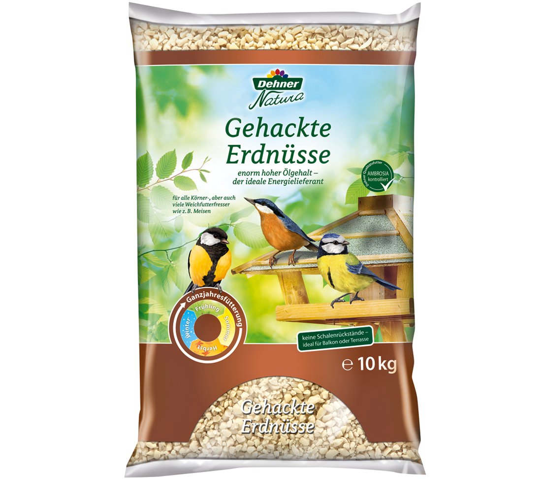 Dehner Natura Wildvogelfutter, geschälte Sonnenblumenkerne, 10 kg & Natura Wildvogelfutter, gehackte Erdnüsse, 10 kg