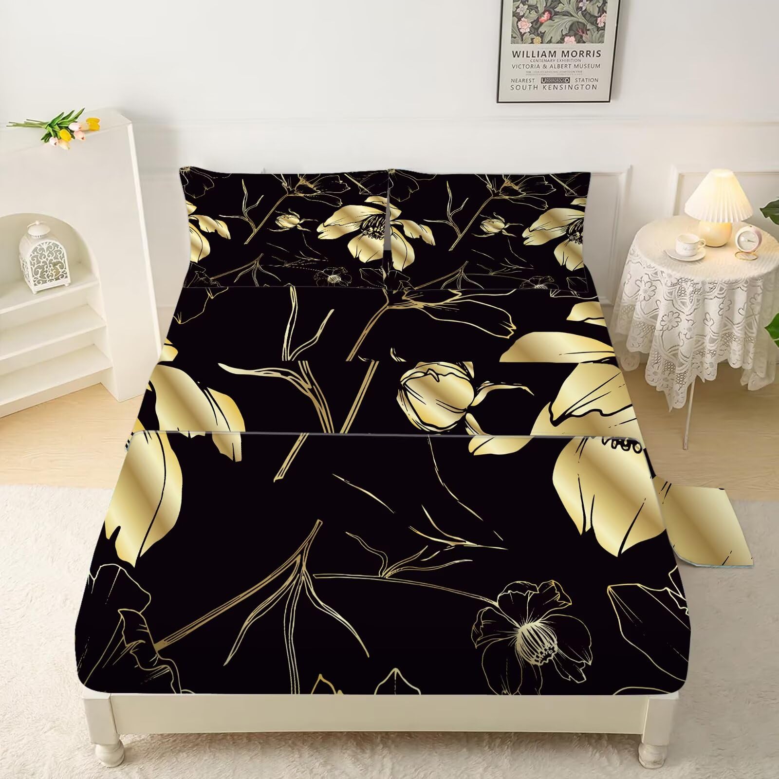 FUYEUN Floral Sheet Set: Black and Gold Flower Bedding Set Full/Queen Size for Girls Teens Women Kids Aesthetic Luxury Bedroom Bed - 1 Flat Sheet, 1 Fitted Sheet, 2 Pillowcases
