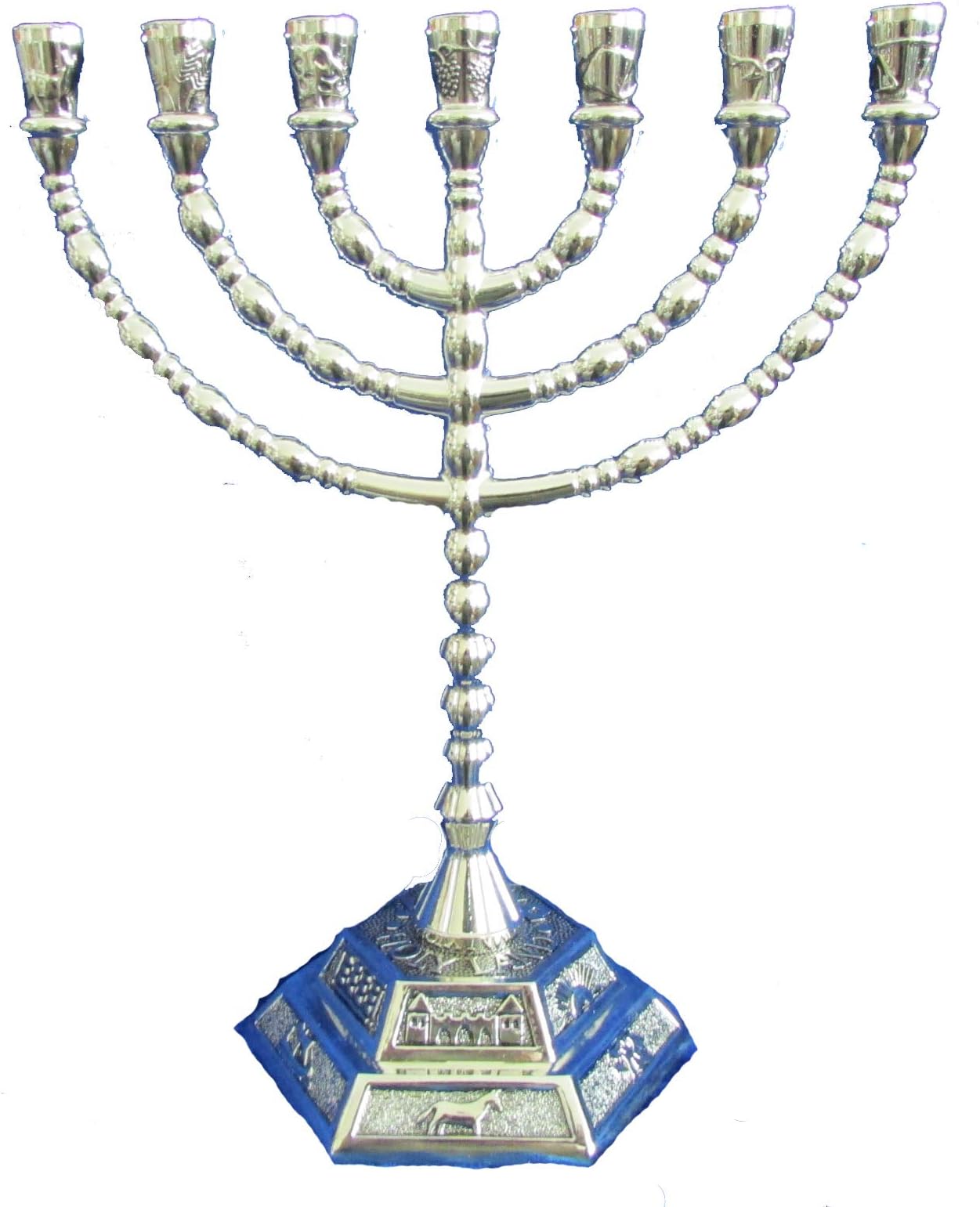 12 Tribes of Israel Jerusalem Temple Menorah Choose from 3 Sizes Gold or Silver (Silver, 8 Inches)
