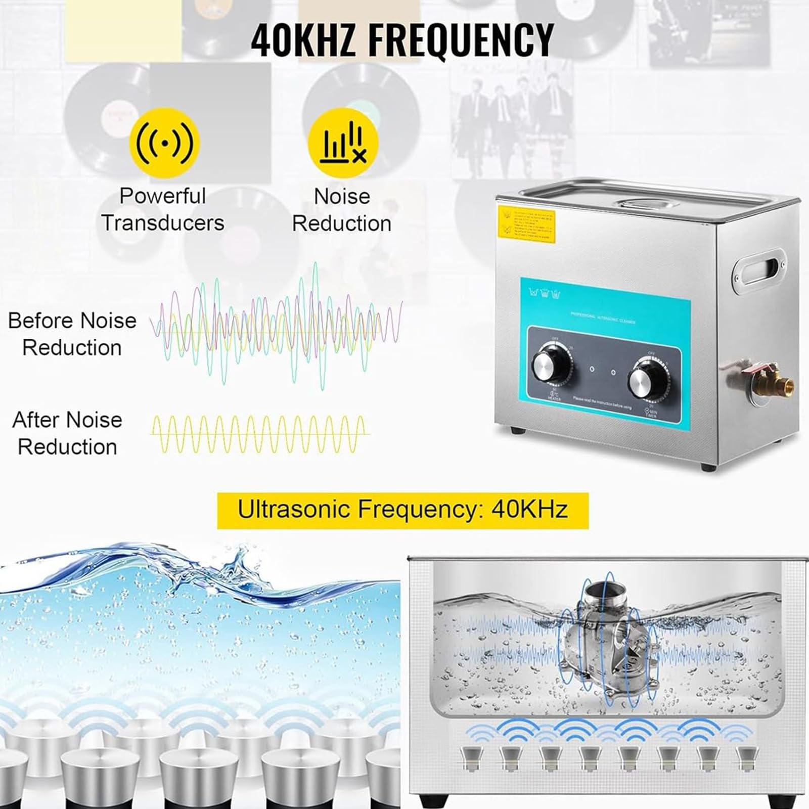 Pulitore Ultrasonico Per Vinili 6L, 40kHz Macchina A Rotazione Automatica Per 4 LP, Timer E Temperatura Digitali, Ripristino Qualità Audio