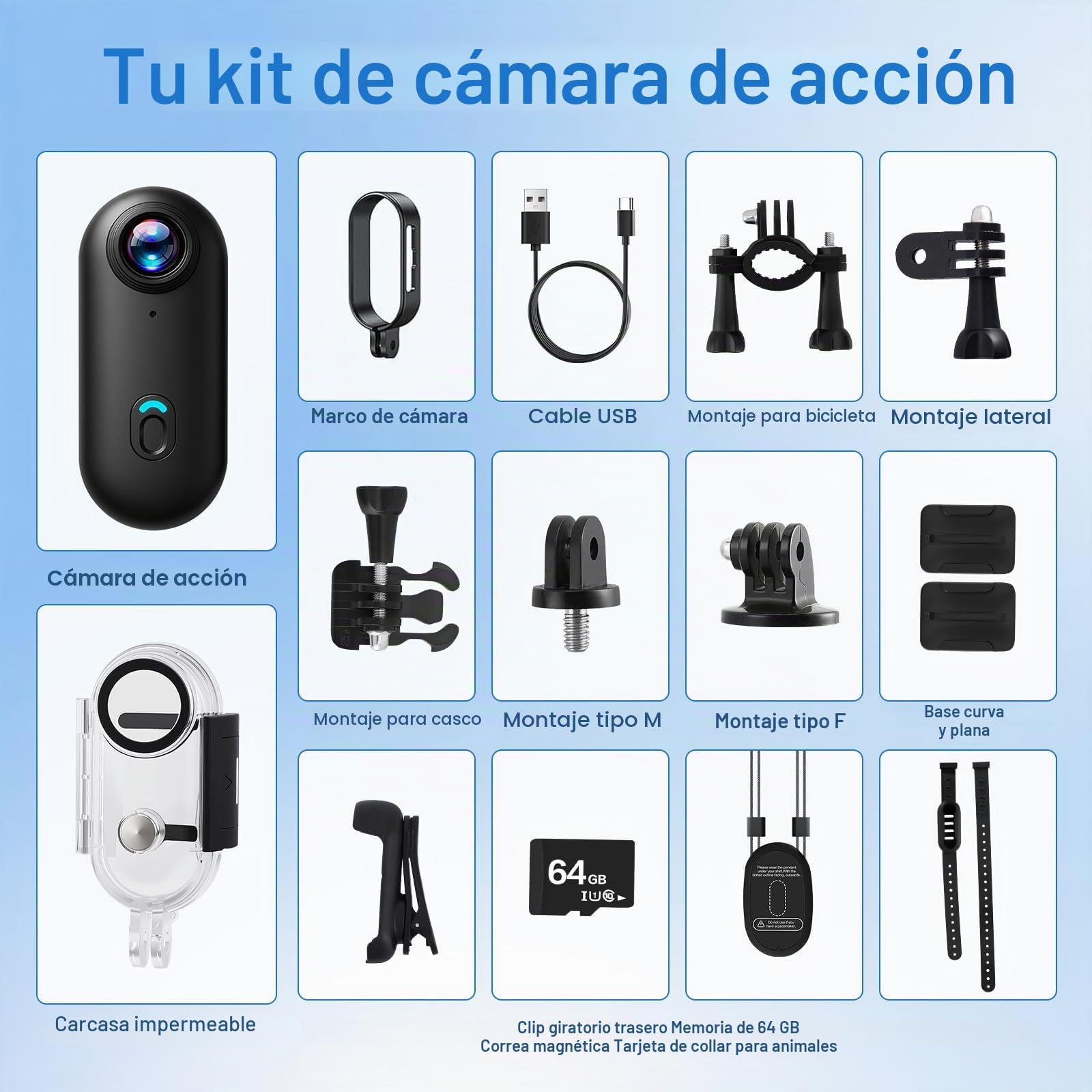 Cámara Acción 360° 1080P con 64 GB Tarjeta de Memoria, Mini Camara Deportiva Buceo Impermeable, WiFi Vlog Cámara Casco Moto Magnético Camera Deportiva Pequeña, Bodycam Video para Ciclismo Mascotas