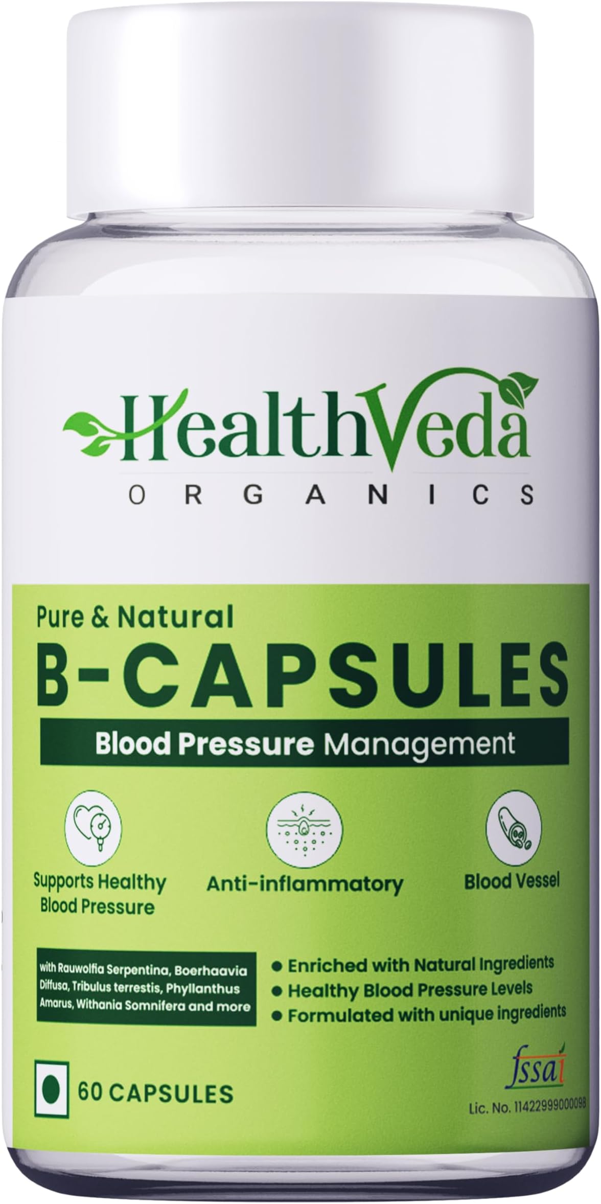Health Veda Organics BP Control for Blood Pressure | Hypertension Management | 60 Veg Capsules | For both Men & Women