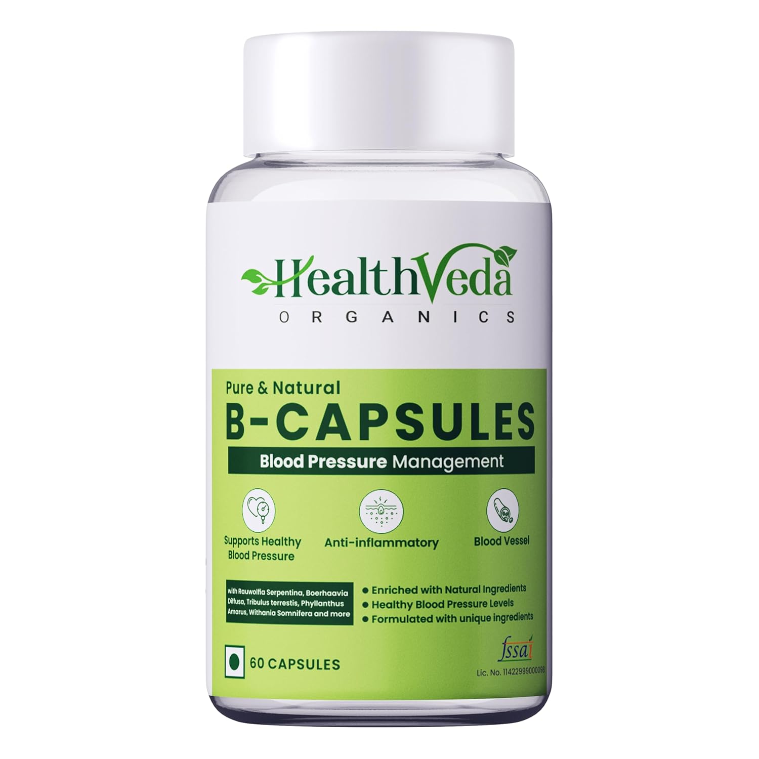 Health Veda Organics B-Capsule for Blood Pressure Support | Helps Manage Hypertension Naturally | Support Healthy Blood Pressure Levels | Herbal BP Control Supplement for Men & Women (60 Veg Capsules)