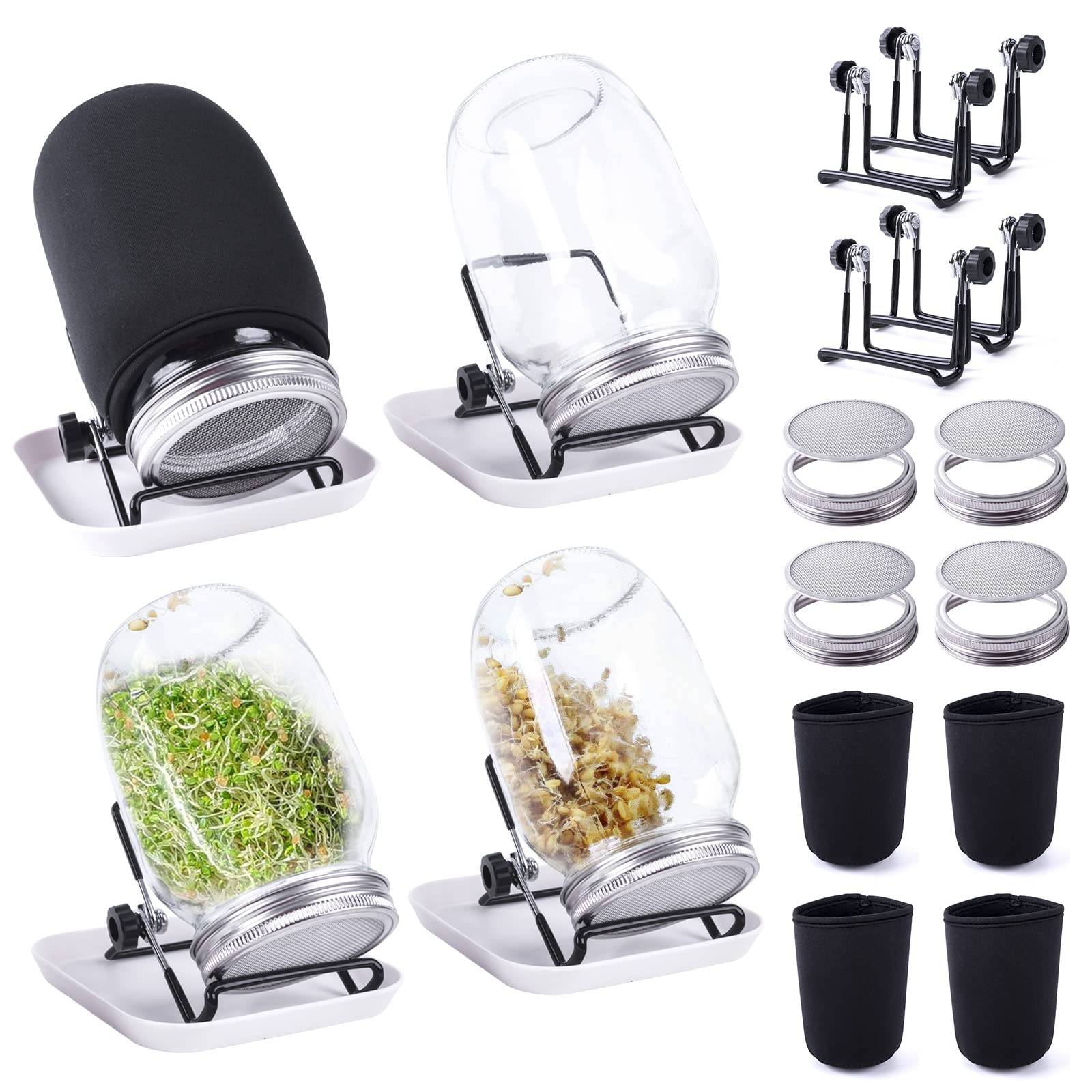 Seed Sprouting Jar Kit with 4 Wide Mouth Mason Jars Bean Sprouts Growing Kit Microgreens Growing Jar with Mesh Screen Lids Sprouter Sprouts Maker for Growing Broccoli, Alfalfa, Mung Bean