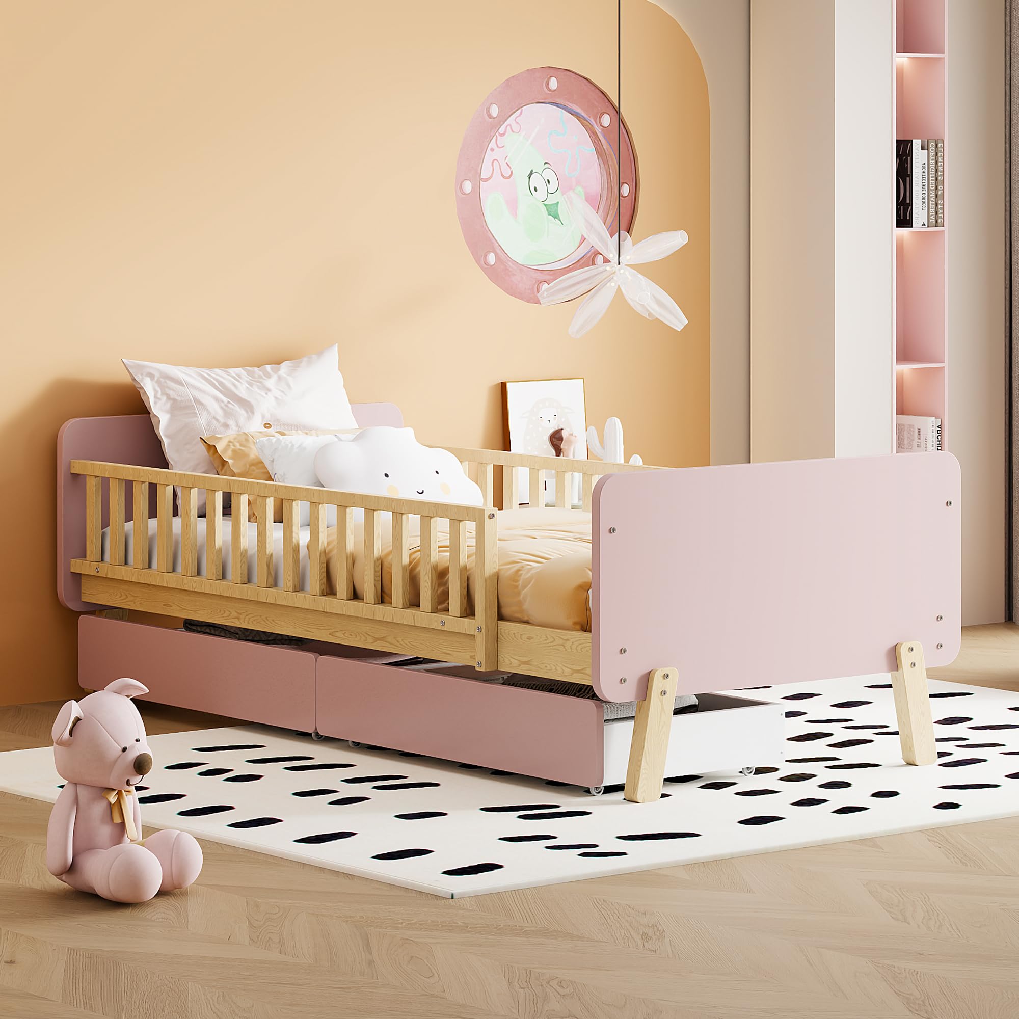 Azkoeesy Cama Infantil 90 x 190 cm con 2 cajones, con somier y Barrera anticaídas, máx. 150 kg (Rosa)