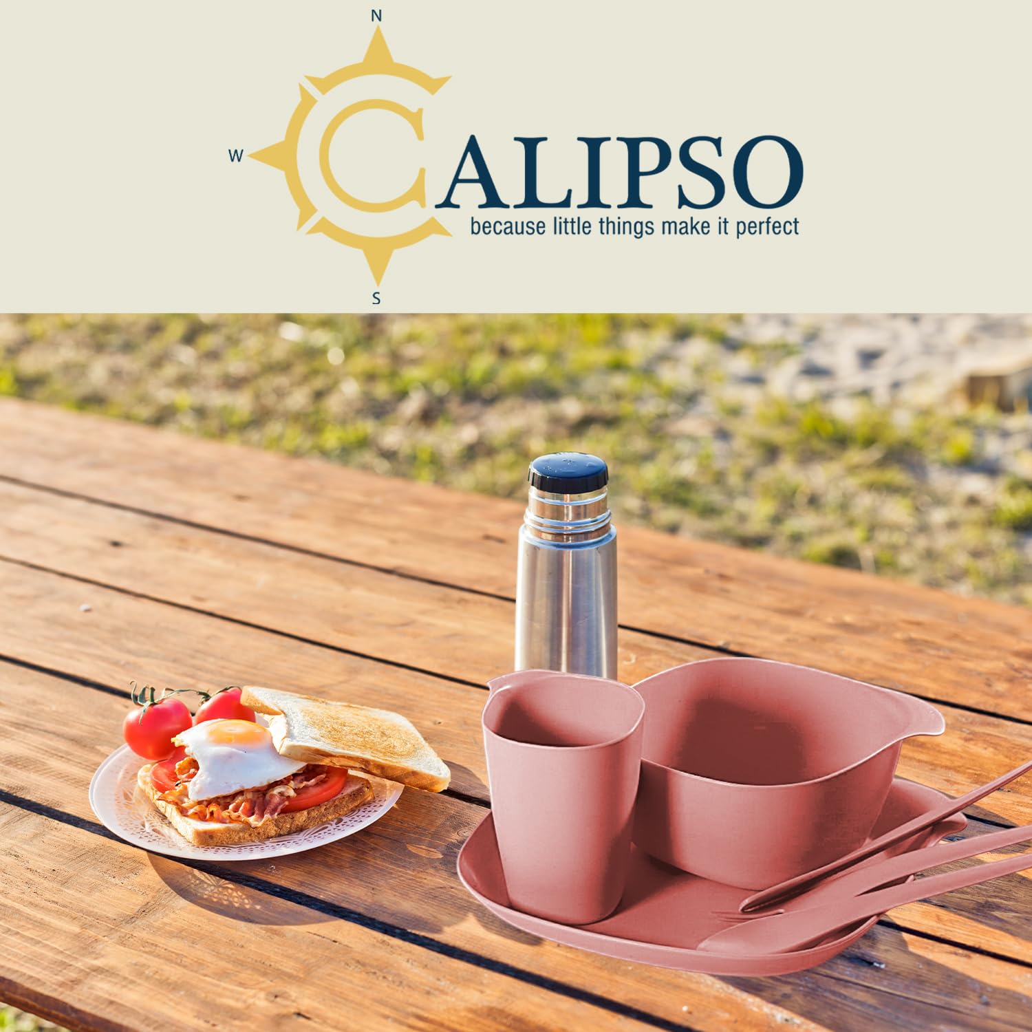 CALIPSO Set di stoviglie da campeggio per 1 persona | stoviglie in plastica infrangibili, 3 pezzi da campeggio, set di stoviglie per giardino, stoviglie in plastica con piatto, ciotola, tazza e posate