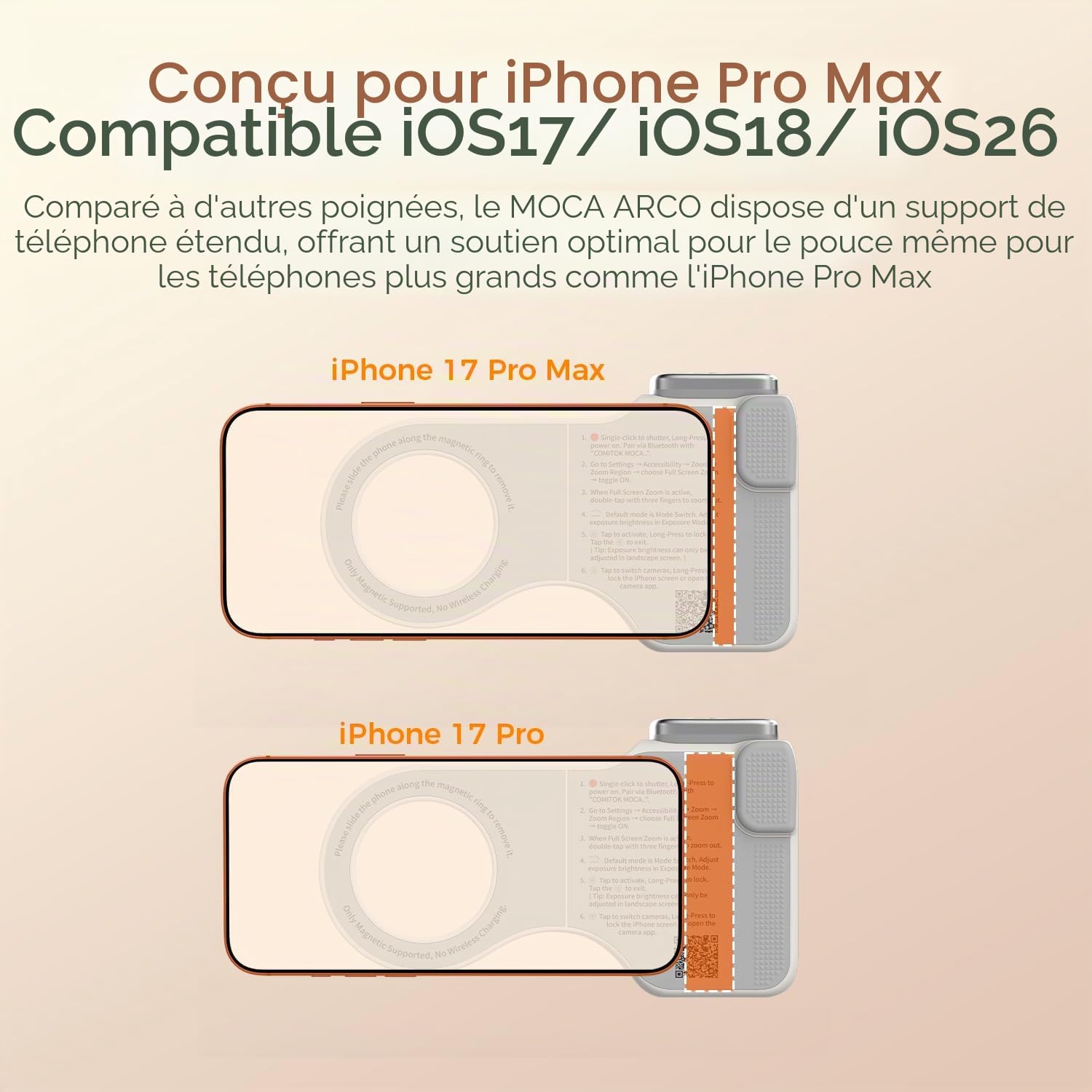COMITOK MOCA ARCO Poignée pour appareil photo pour enregistrement vidéo avec zone de repose-pouce pour iPhone Pro Max, avec support de téléphone amélioré et télécommande amovible pour une prise de vue