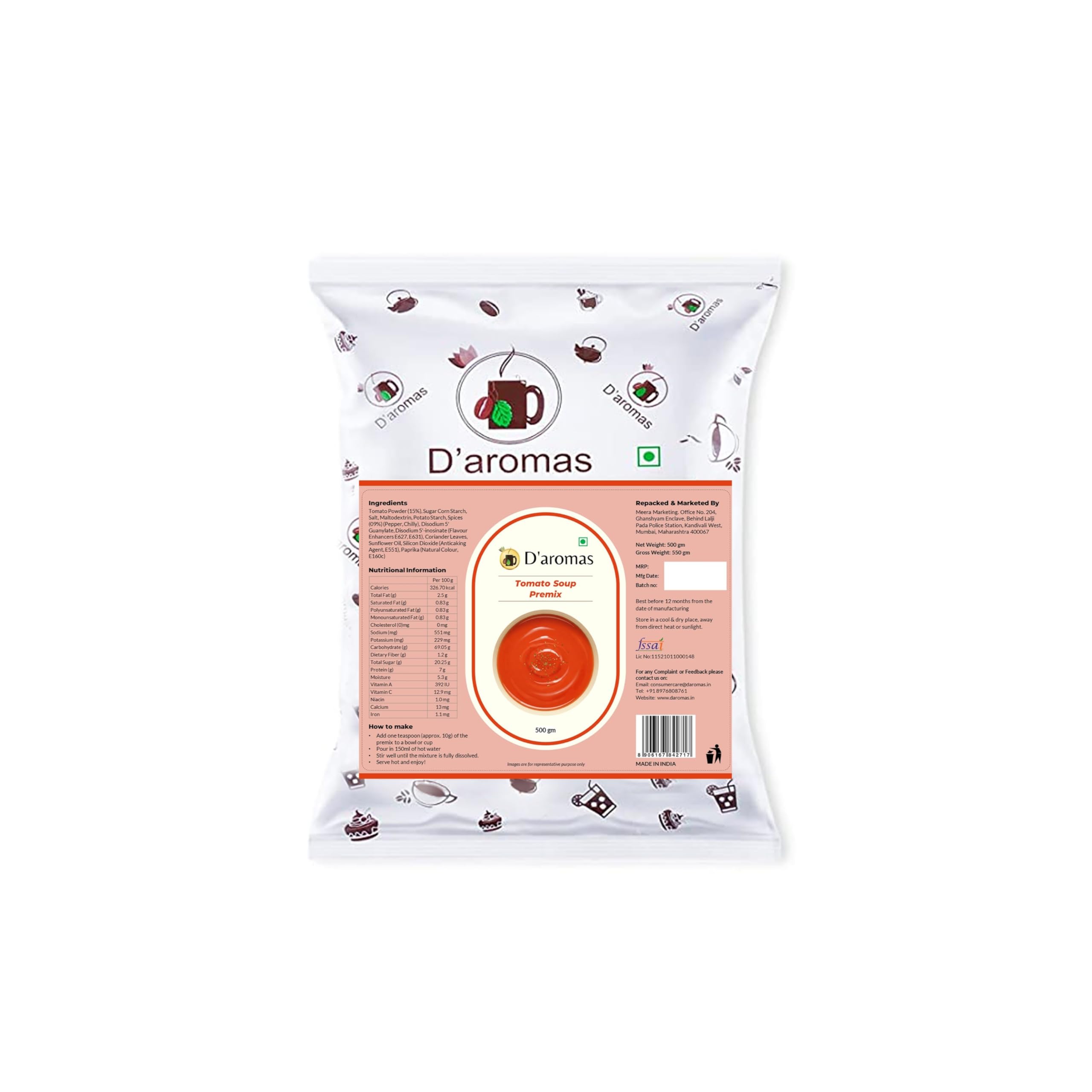 D'aromas Instant Jain Tomato Soup 2Kg, Instant Premix Powder With No Onion & No Garlic, Instant Mix Powder, Veg Soup, No Artificial Flavour & Colour 500gm (Pack Of 4)