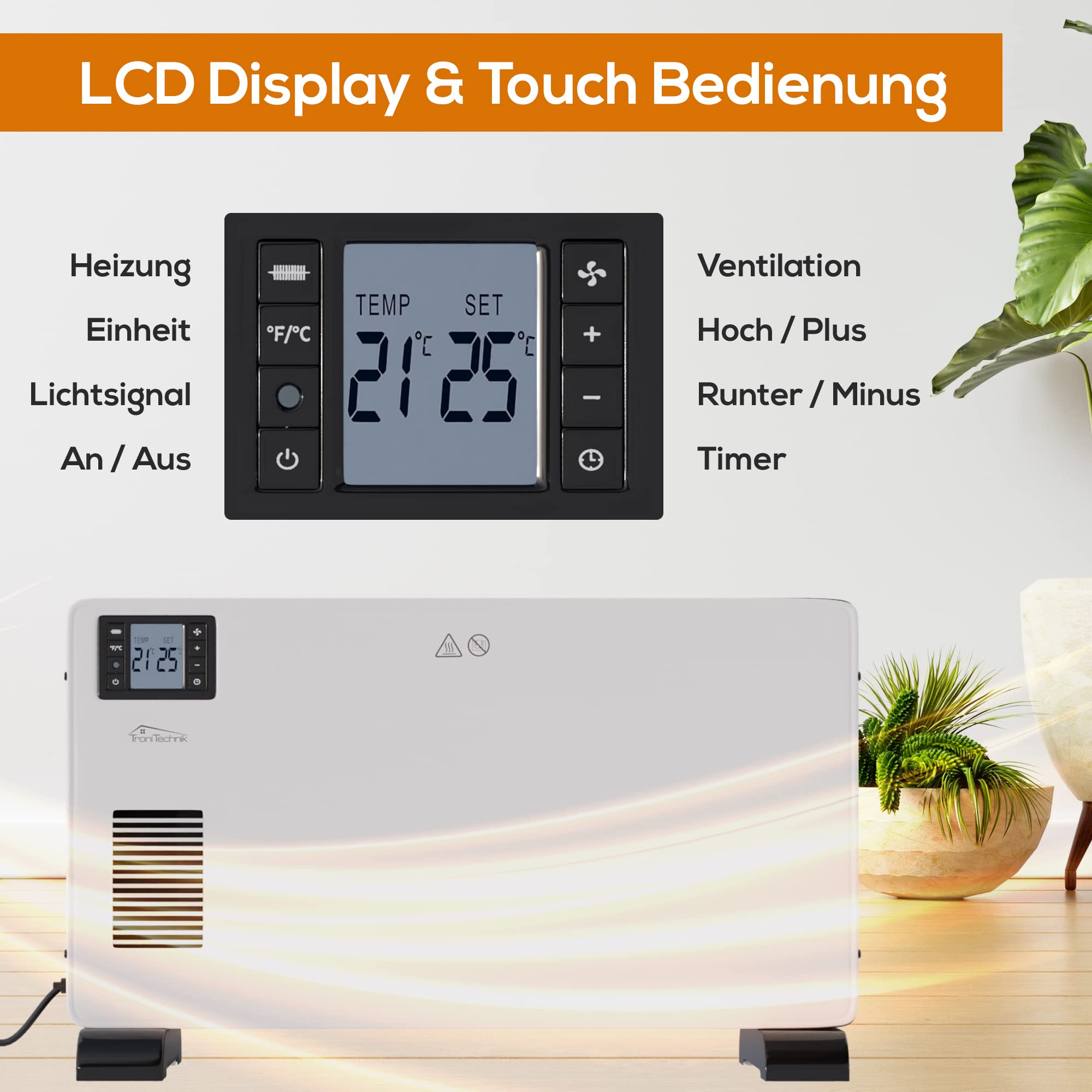 Tronitechnik® Elektroheizer Konvektor-Heizung mit 3 Heizstufen 1000/1300/2300 Watt, Elektroheizung mobi, Heizkörper mit Griffmulde, Timer, Thermostatsteuerung, Standheizung energiesparend