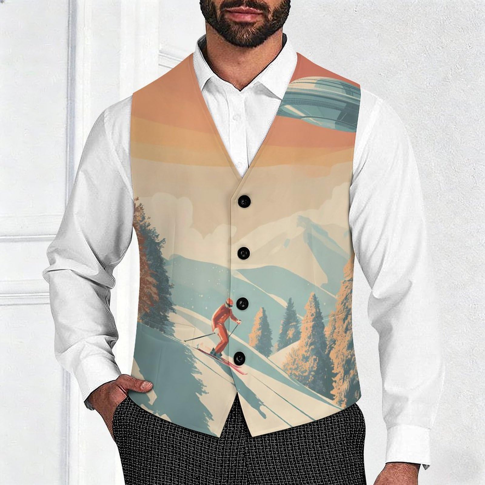 A Skier with Aliens - Gilet casual da uomo con 2 tasche | Slim Fit Gilet Gilet Business Formale Gemelli Vestito