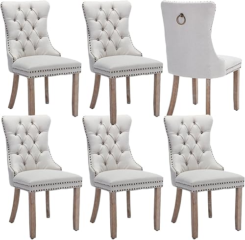 Miniatura 8 de Black Dining Chairs Set of 2, Linen Fabric Upholstered Dining Room Chairs with Back Ring Pull Trim and Solid Wood Legs, Luxury Tufted Kitchen Chair