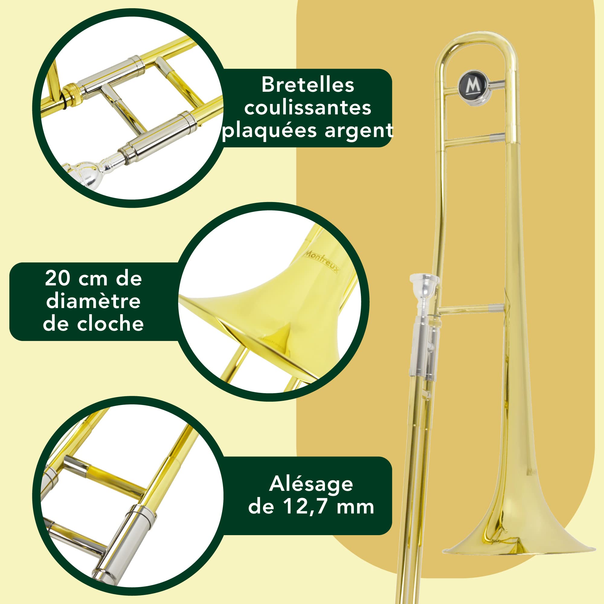 Montreux Student Sib Trombone pour débutants avec étui de protection léger, Embouchure 12C - Laiton laqué, Pavillon 8 pouces / 20 cm, Si bémol