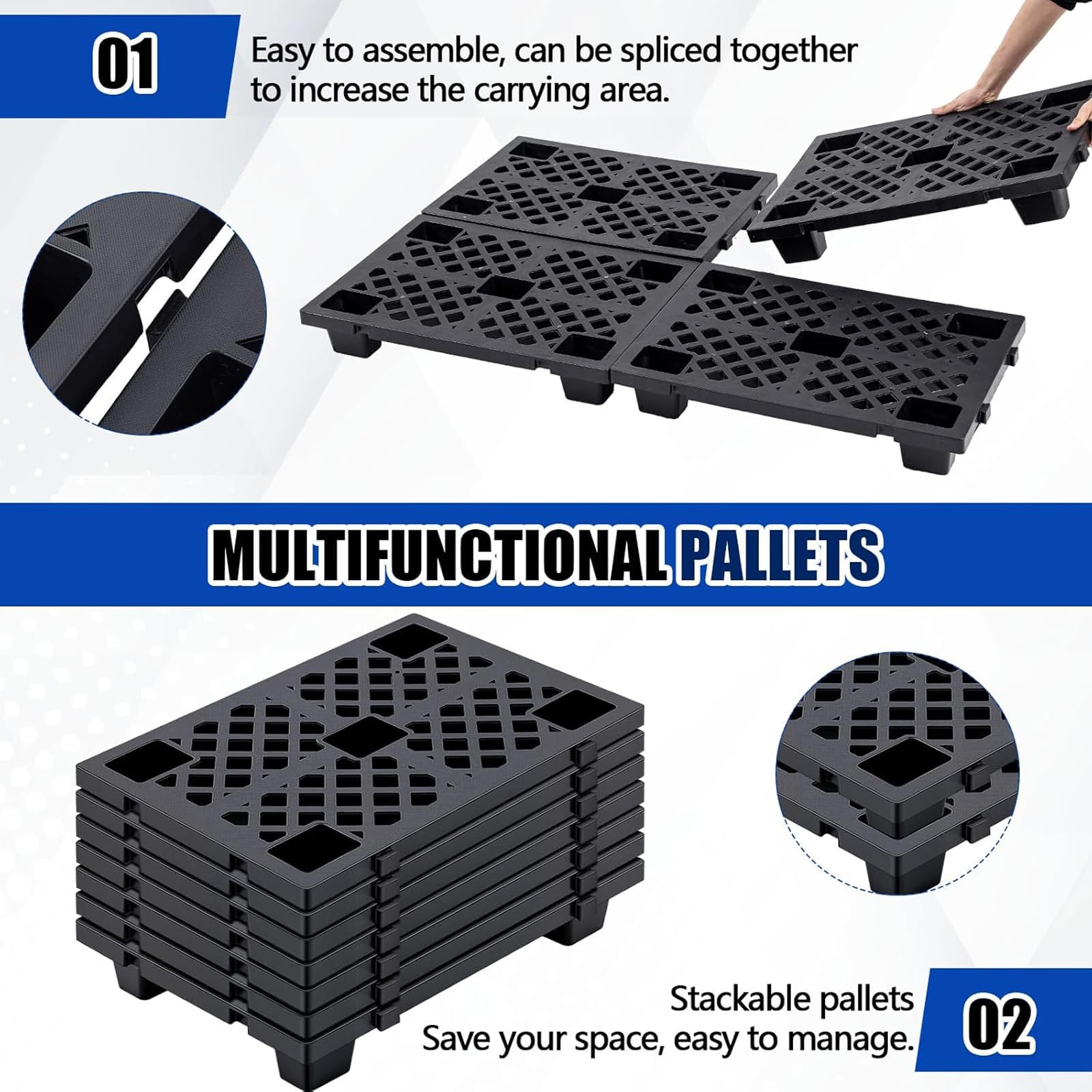 4pcs Pallet in Plastica Nero,Bancali Incastro Impermeabile Magazzino, per supermercati, garage e magazzini, 50x30x10 cm