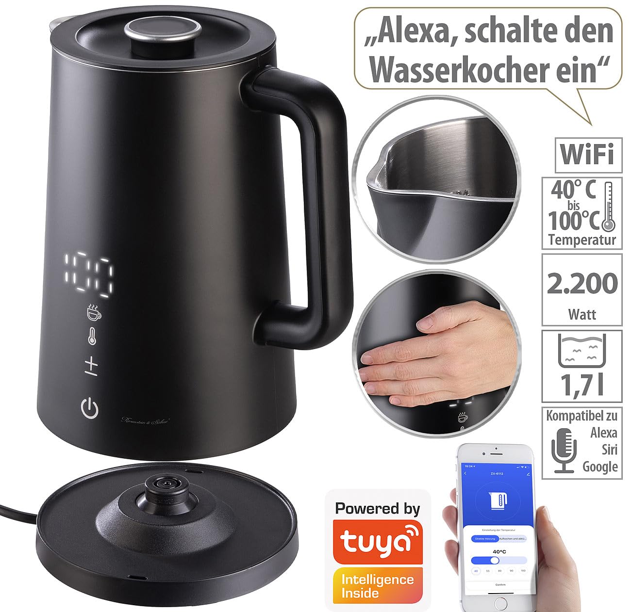 Rosenstein & Söhne Bollitore elettrico smart WLAN 1,7 l Cool-Touch con controllo app, display LED e selezione temperatura, nero