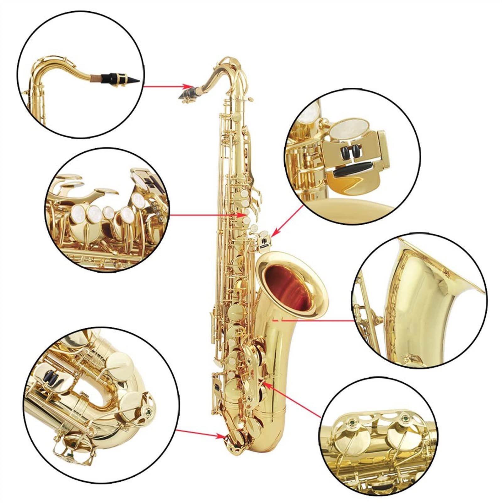 BB BB Tenor Sassofono Sax Sax Scatolato Scatolato Perla Pulsanti Shell Bianco Sax Tenor con Guanti Caso Pennello per Cinghia di Panno Sassofono Studenti (Color : Gold)