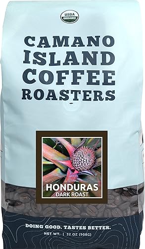 Camano Island Coffee Roasters Roasters Honduras Tostado oscuro, grano entero 2 libras, lote pequeño tostado fresco, orgánico USDA, comercio justo,