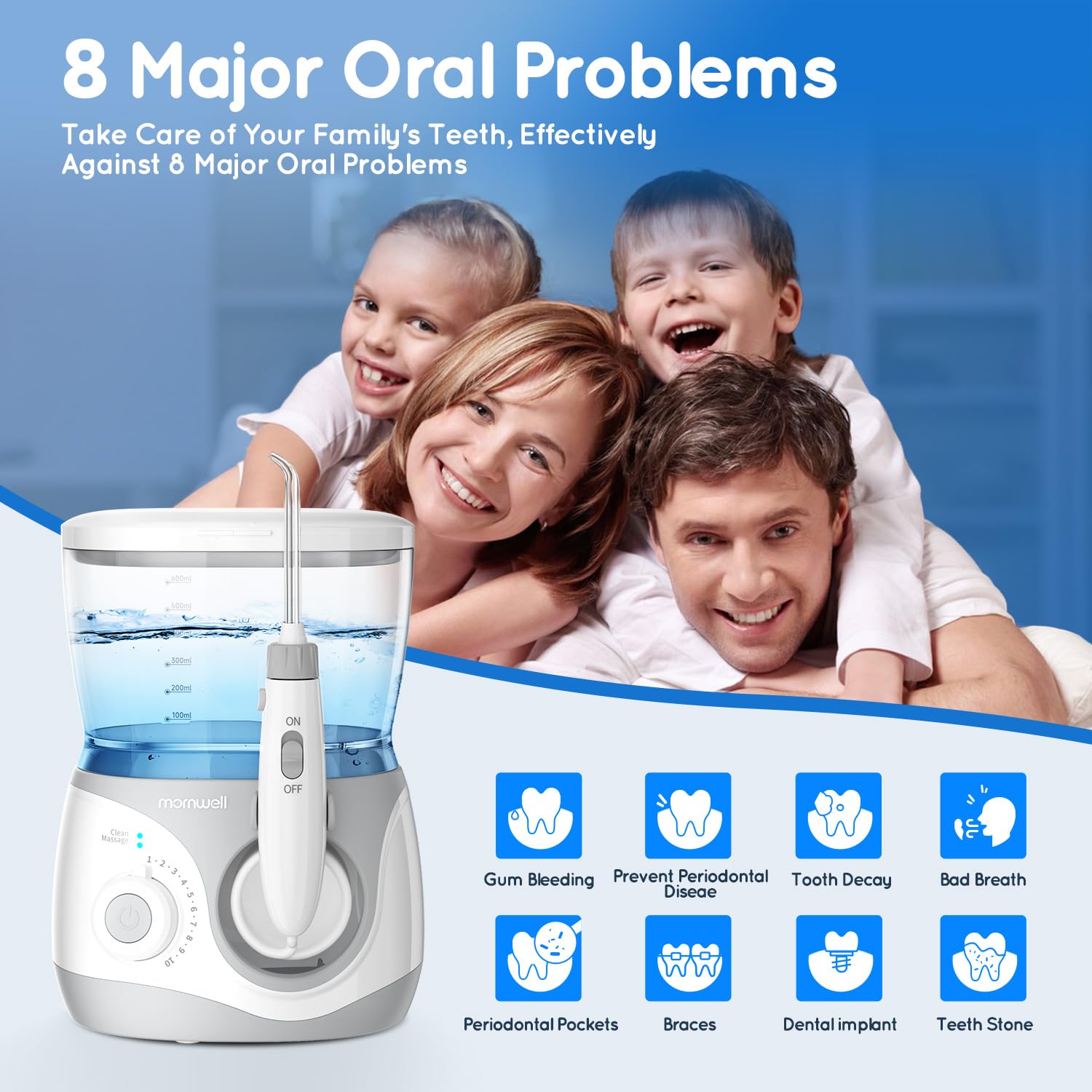 Advanced Water Flosser para dientes, irrigador oral eléctrico con 10 10 ajustes de presión, 8 boquillas, incluye punta nasal especial, tanque de 1000 ml, ideal para implantes de encías (blanco, 1000