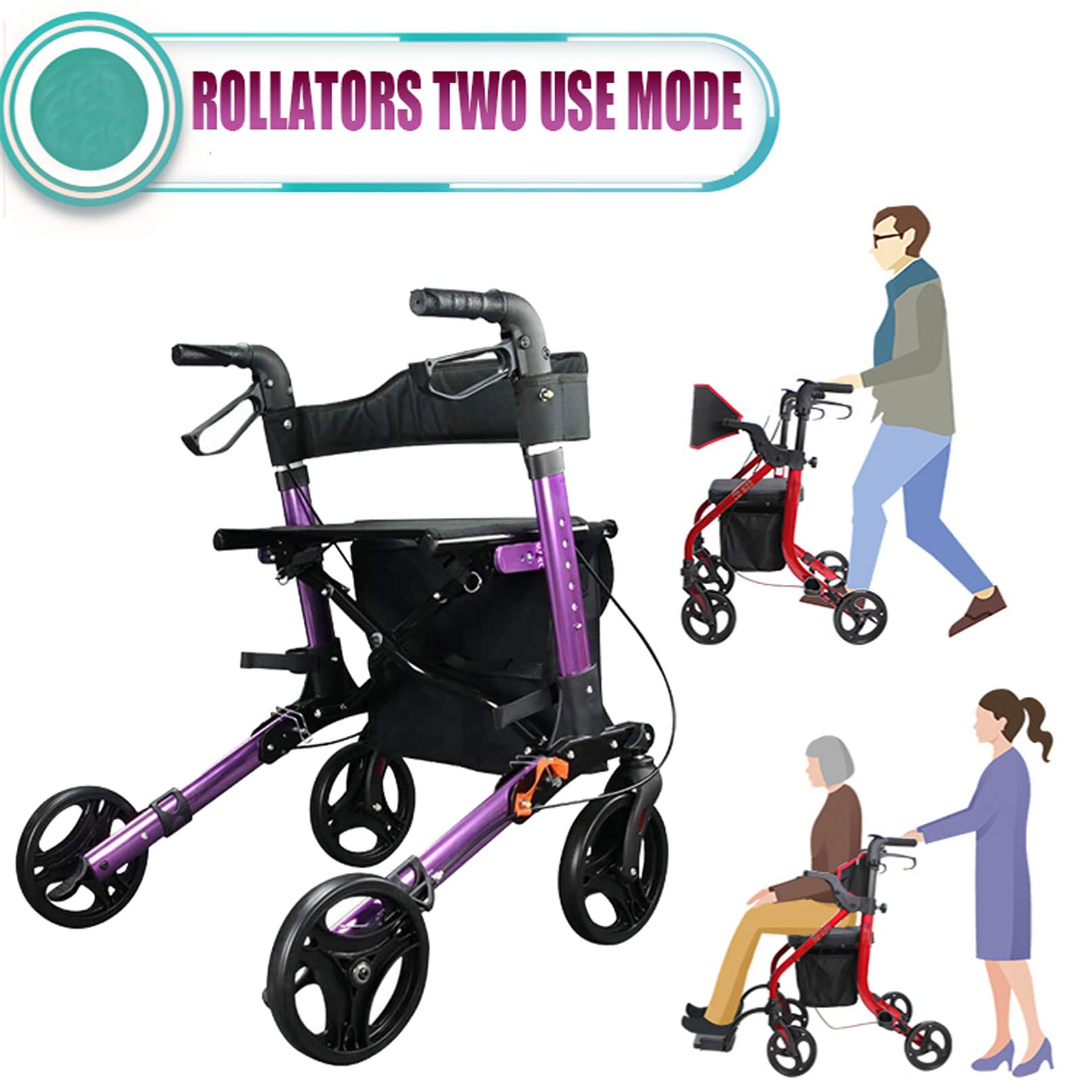 Aluminiowy Rollator Seniors Walking Frame Pomoc Lekki Mobilny Wózek Wózek Hulajnoga Składany z siedziskiem i koszem 4 koła na prezent dla rodzica