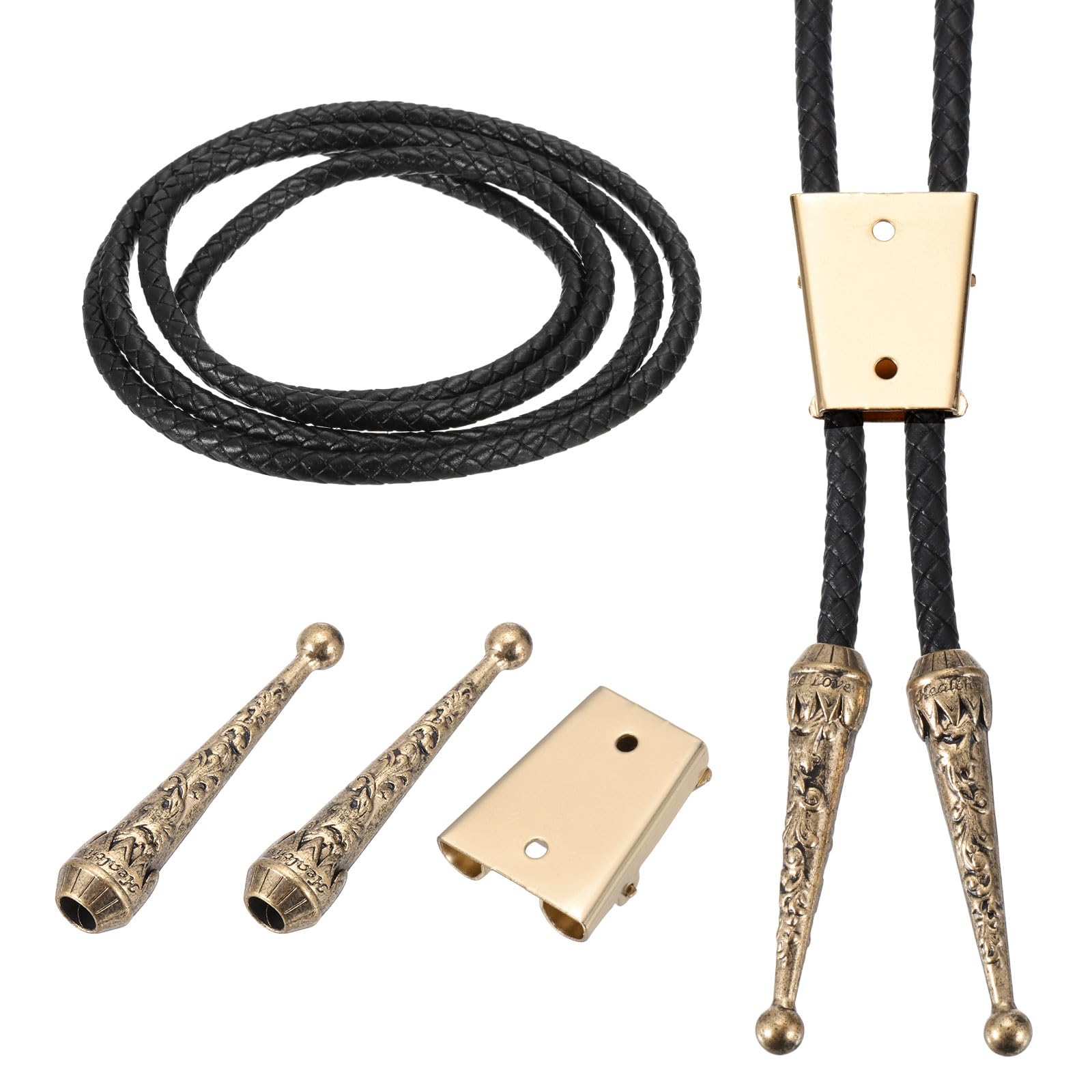 PATIKIL Bolo Tie Findings Kit, Bolo Tie Accessories Includes Slide Clasps, 2 Cord End Caps, 1Yard Black Leather Braided Cord for DIY Western Necklace Jewelry Making, Golden