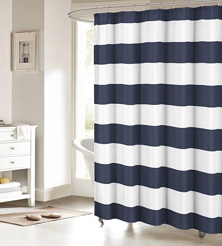 ALAGEO Cortina de ducha de tela con diseño de rayas náuticas para baño, 36 x 72 pulgadas, color azul marino y blanco, cortina de ducha para cabina