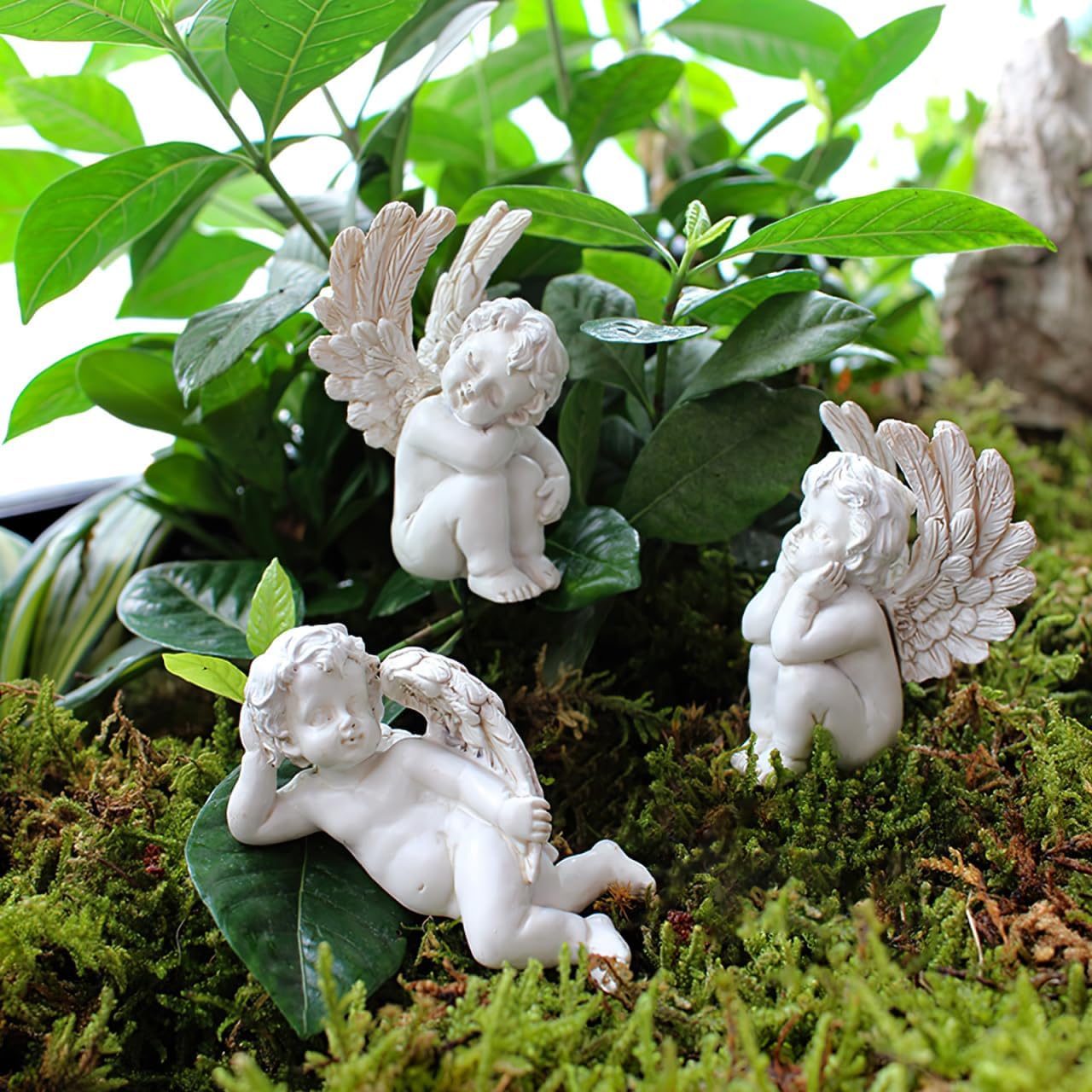 5pcs Decorative Angel Garden Stakes：Resin White Angle Statue, Cherub Cake Topper, Cemetery Decorations for Grave - Solar Angels for Cemetery Weather Ornaments for Outdoor, Balcony, Yard