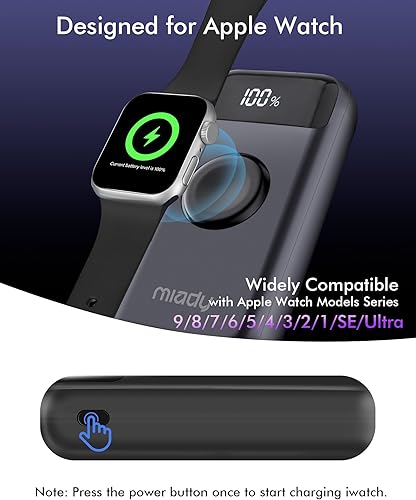 Miniatura 2 de Miady Cargador portátil para Apple Watch, 10000 mAh PD 22.5 W, cargador de batería de carga rápida con puertos USB C y A, con pantalla LED